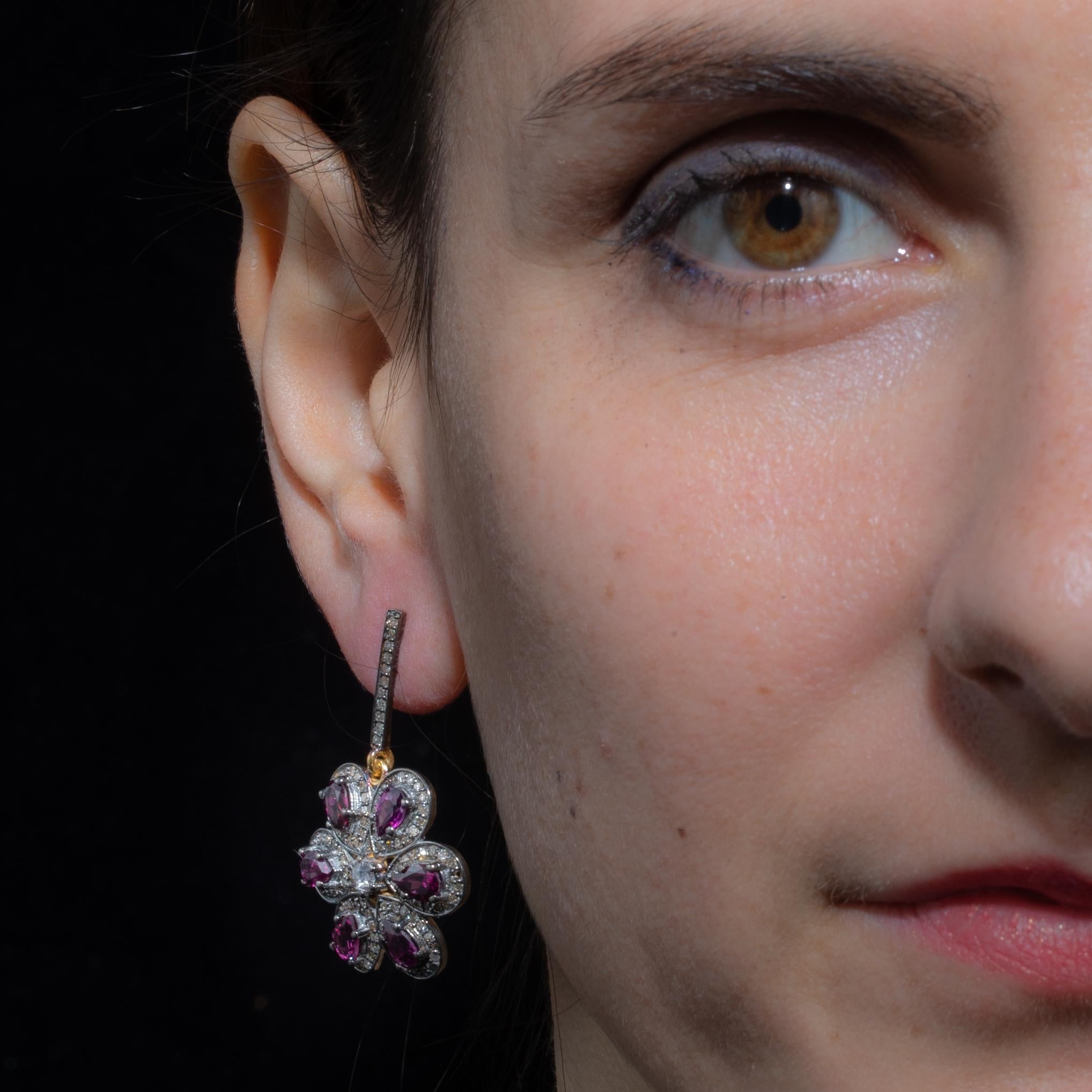Pink Tourmaline and Diamond Flower Petal Dangle Drop Earrings In Excellent Condition In Nantucket, MA
