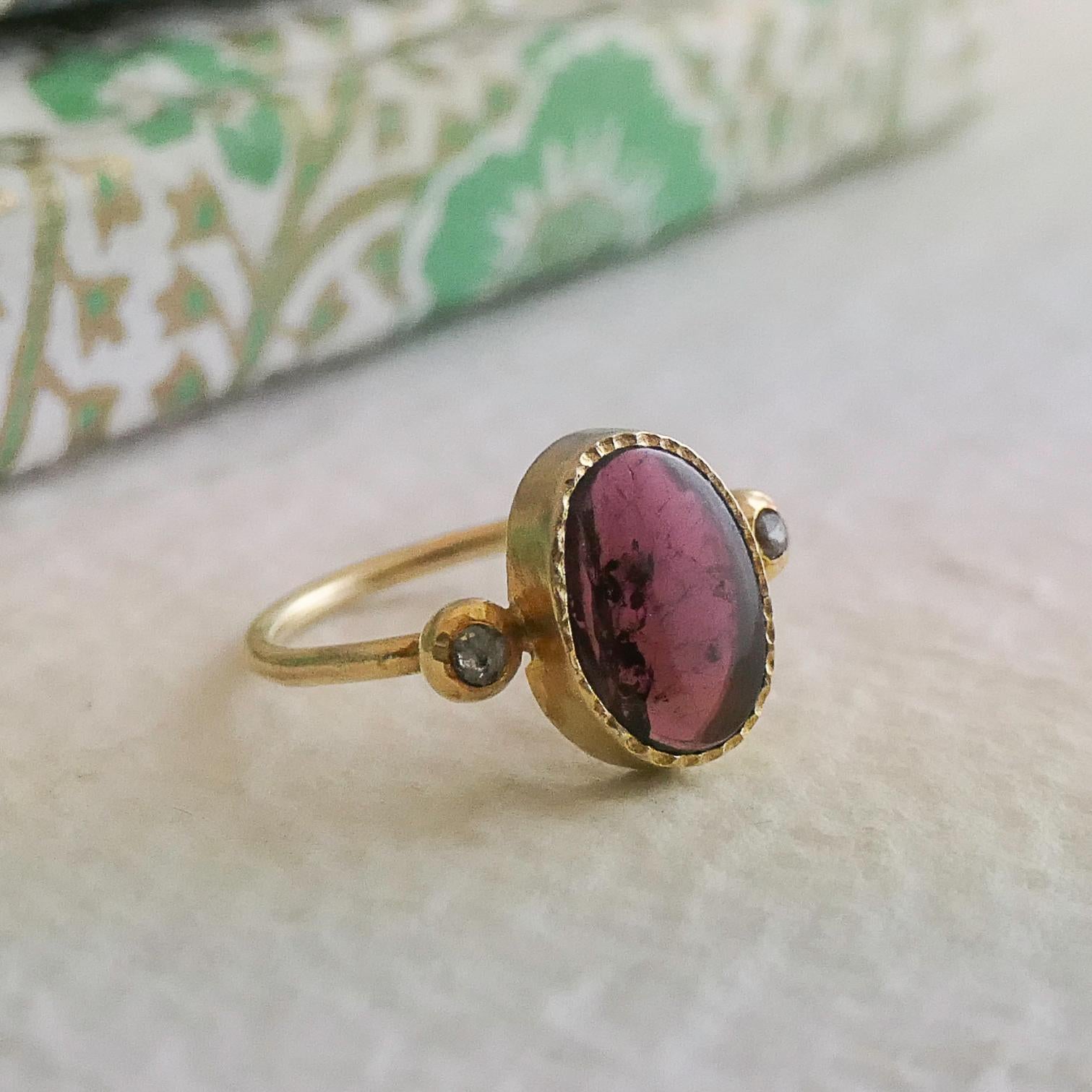 Rosa Turmalin und Diamant Vergoldeter Sterling Silber Ring Größe 6 (Kunsthandwerker*in) im Angebot