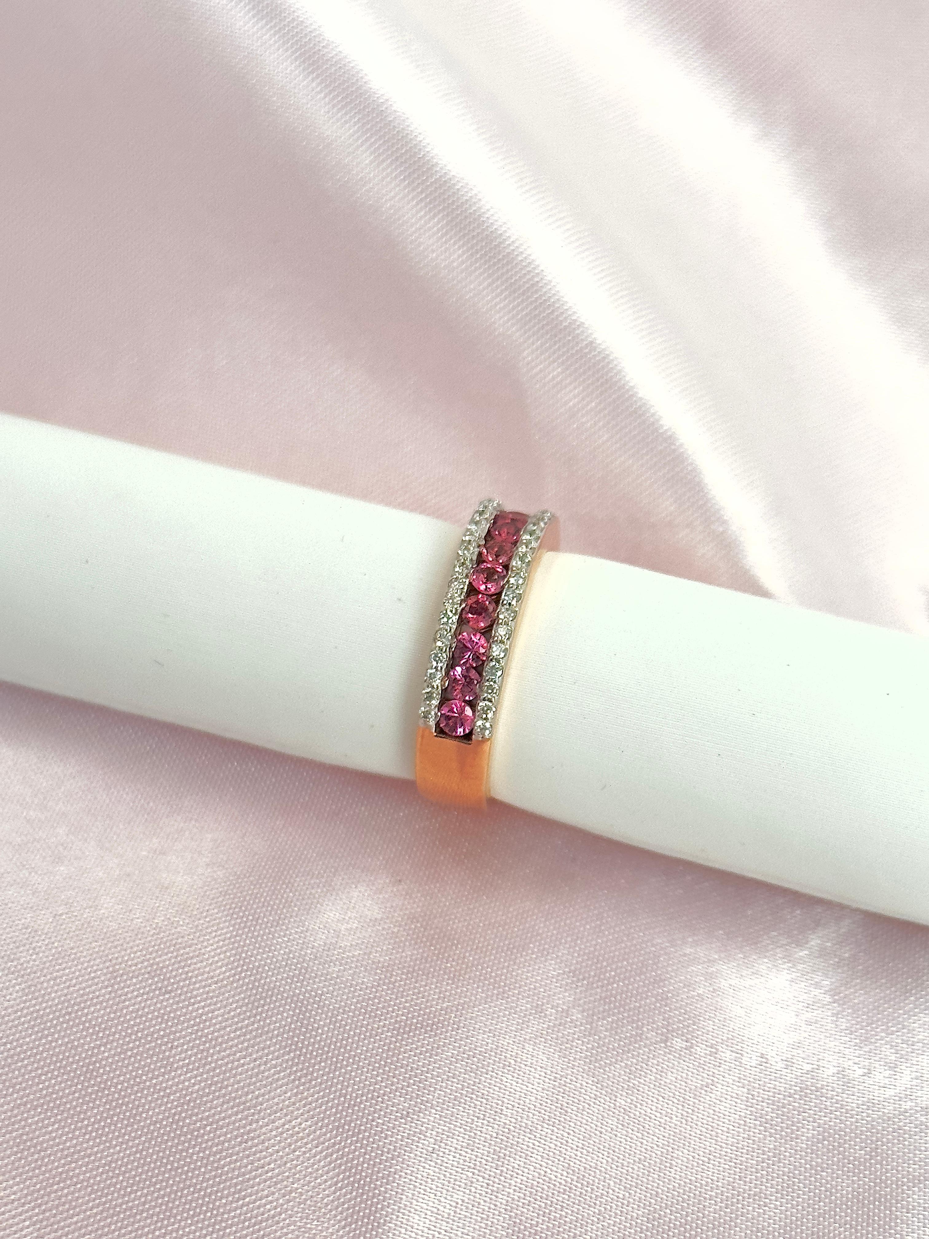 Pink Tourmaline and Diamond Half Band with Natural Gemstones, 14k Rose Gold Ring For Sale 5