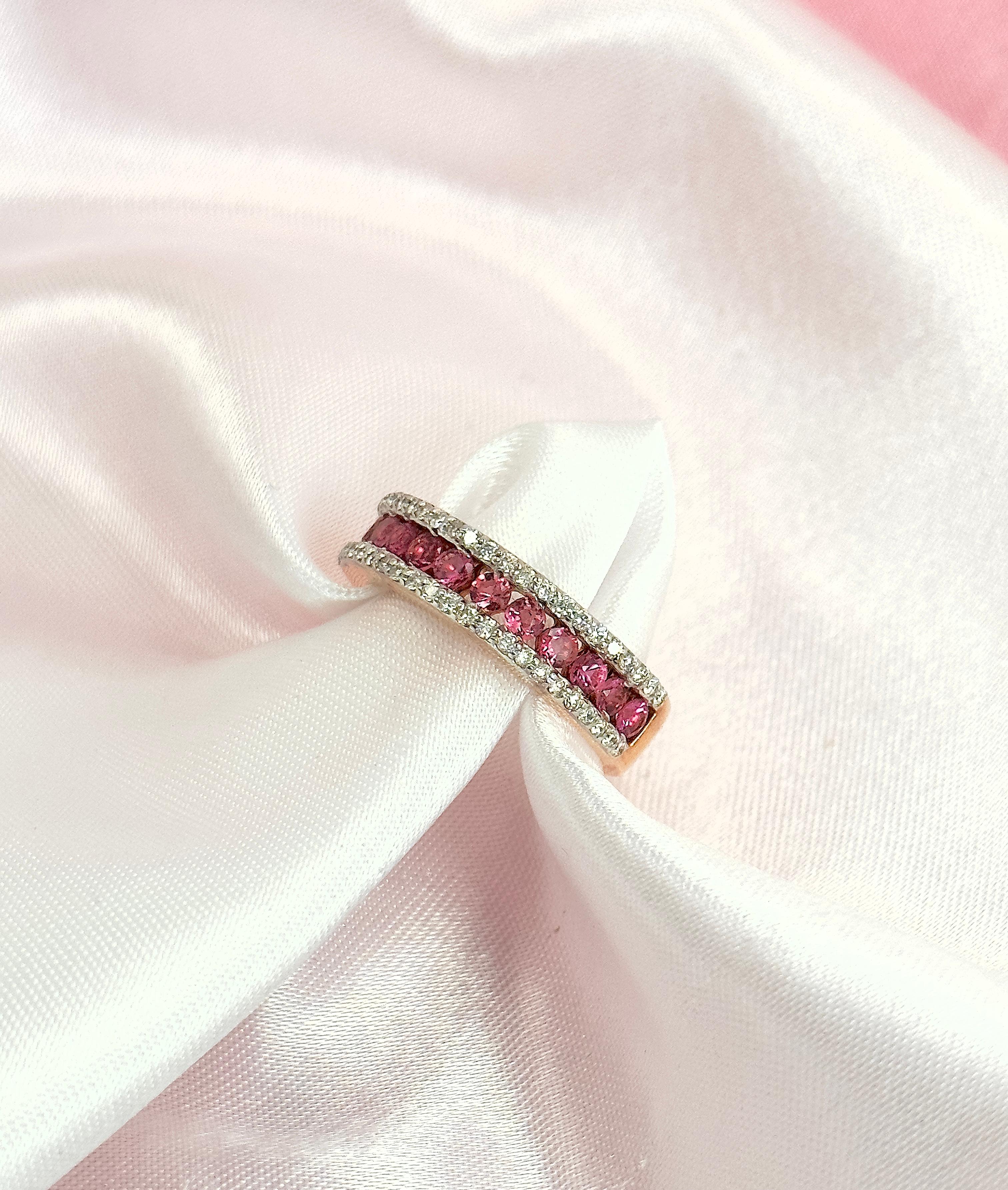 Pink Tourmaline and Diamond Half Band with Natural Gemstones, 14k Rose Gold Ring In New Condition For Sale In New York, NY