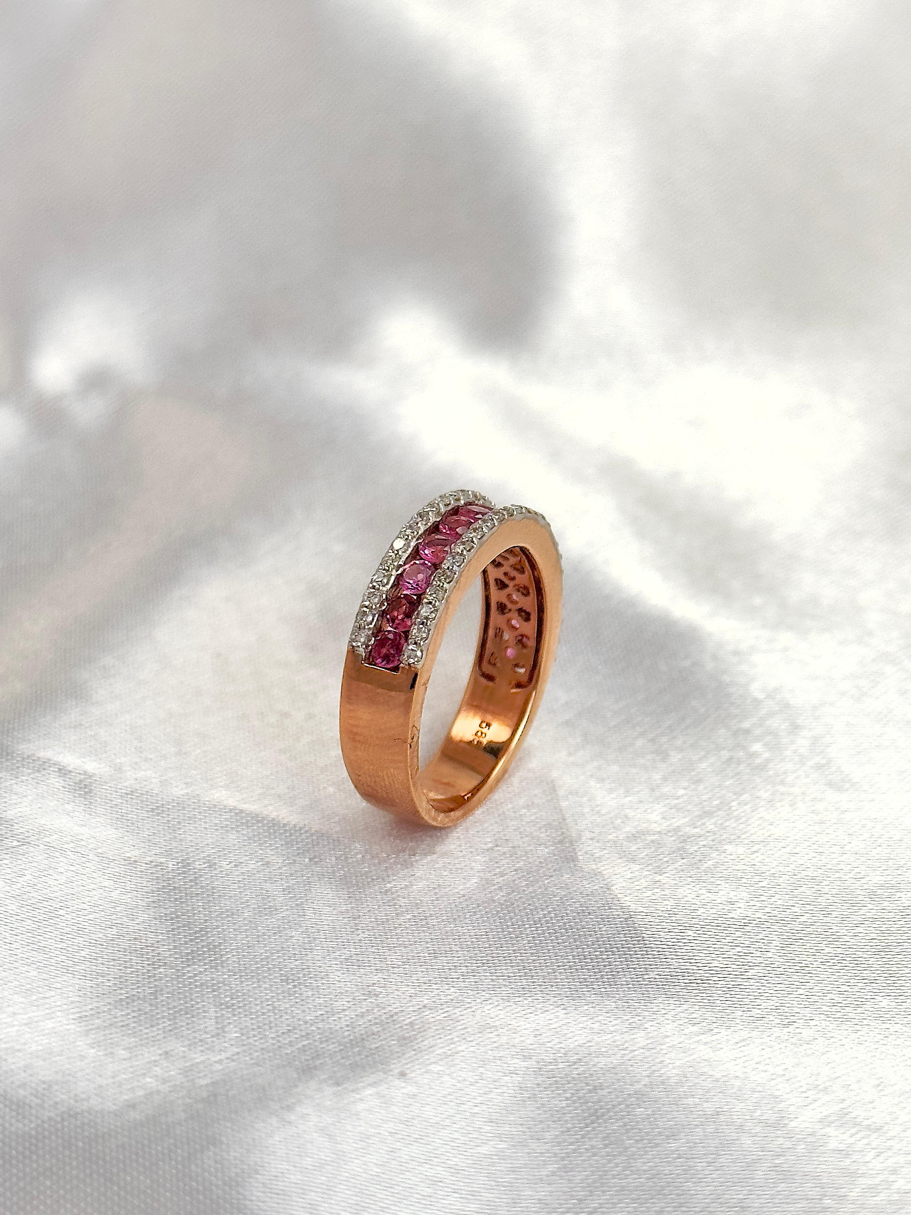 Pink Tourmaline and Diamond Half Band with Natural Gemstones, 14k Rose Gold Ring For Sale 1