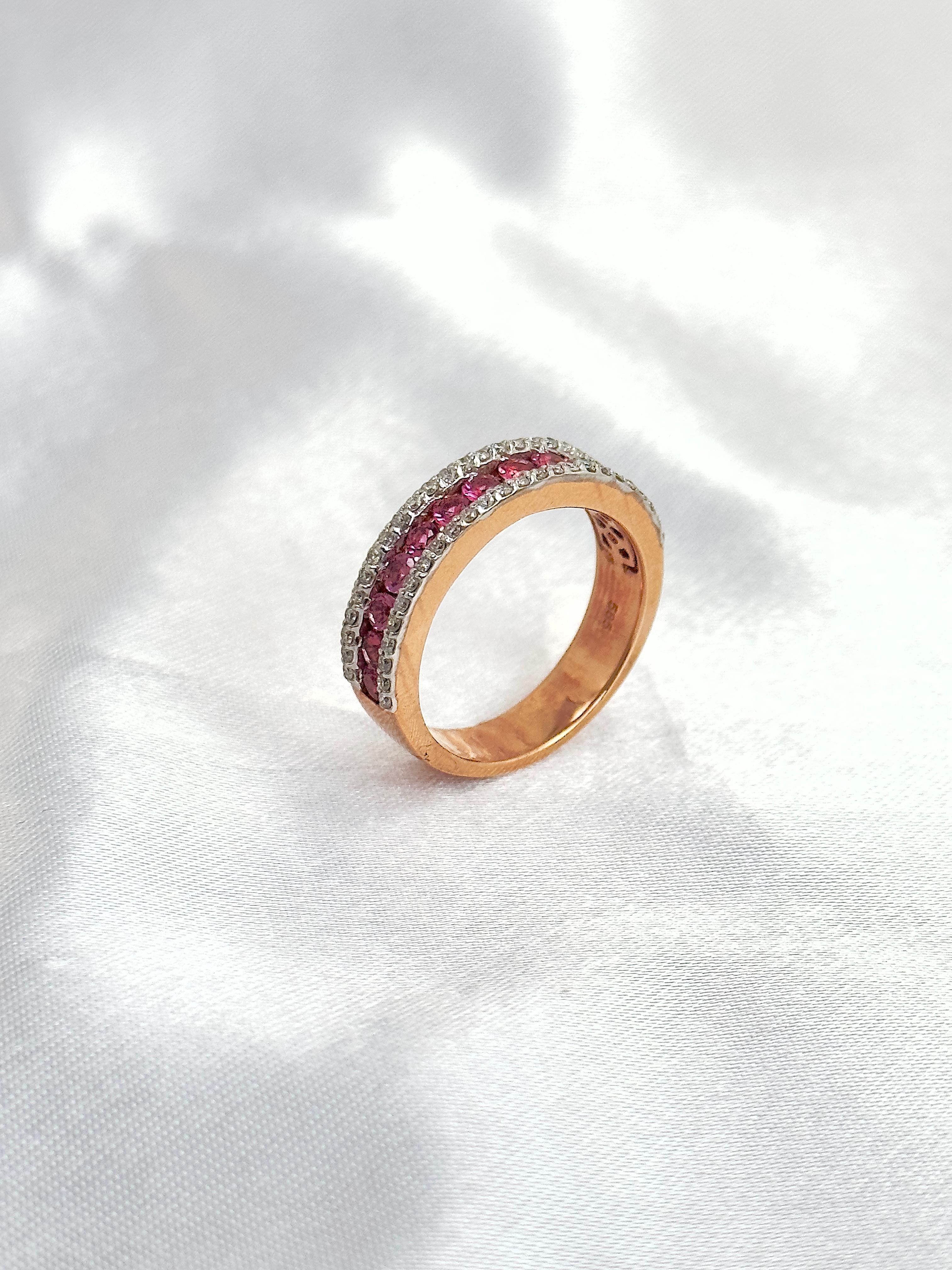 Pink Tourmaline and Diamond Half Band with Natural Gemstones, 14k Rose Gold Ring For Sale 2