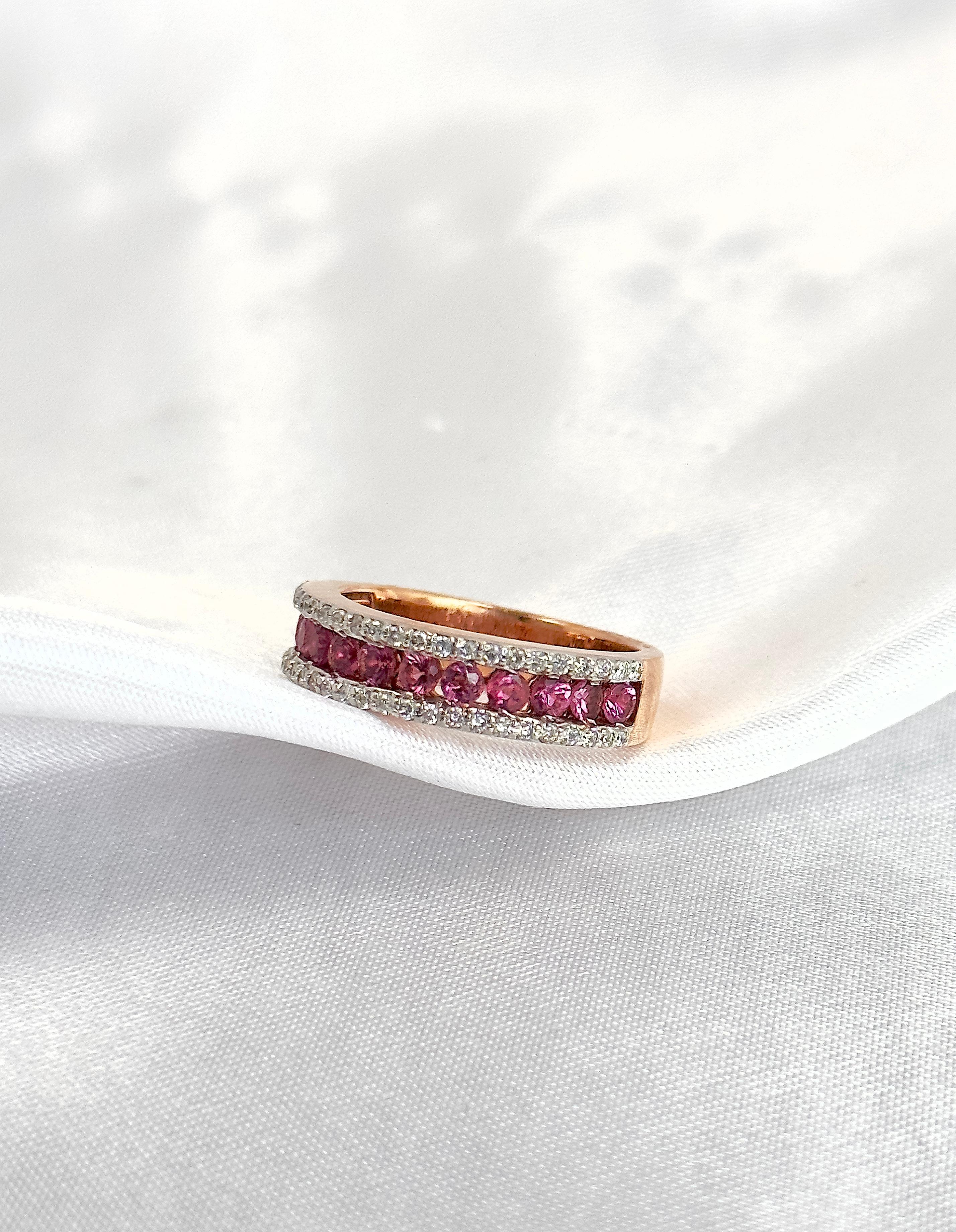 Pink Tourmaline and Diamond Half Band with Natural Gemstones, 14k Rose Gold Ring For Sale 3