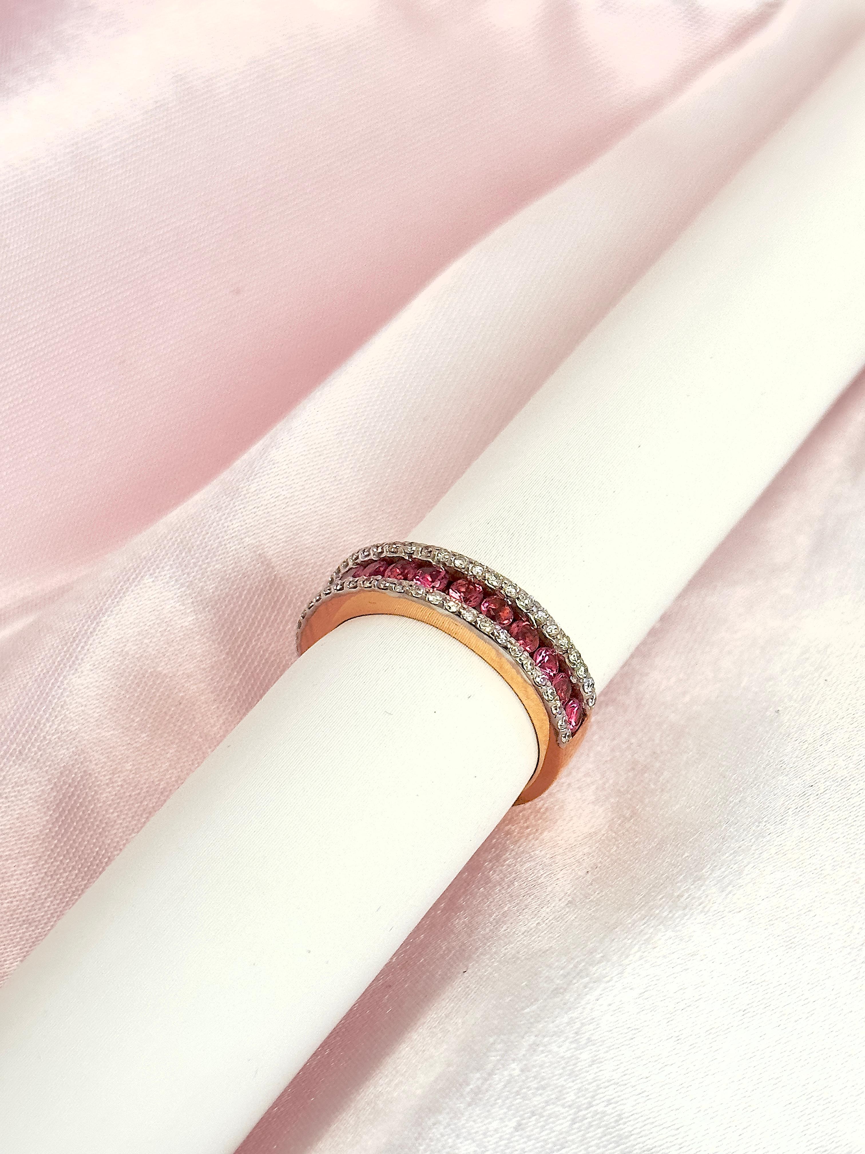 Pink Tourmaline and Diamond Half Band with Natural Gemstones, 14k Rose Gold Ring For Sale 4