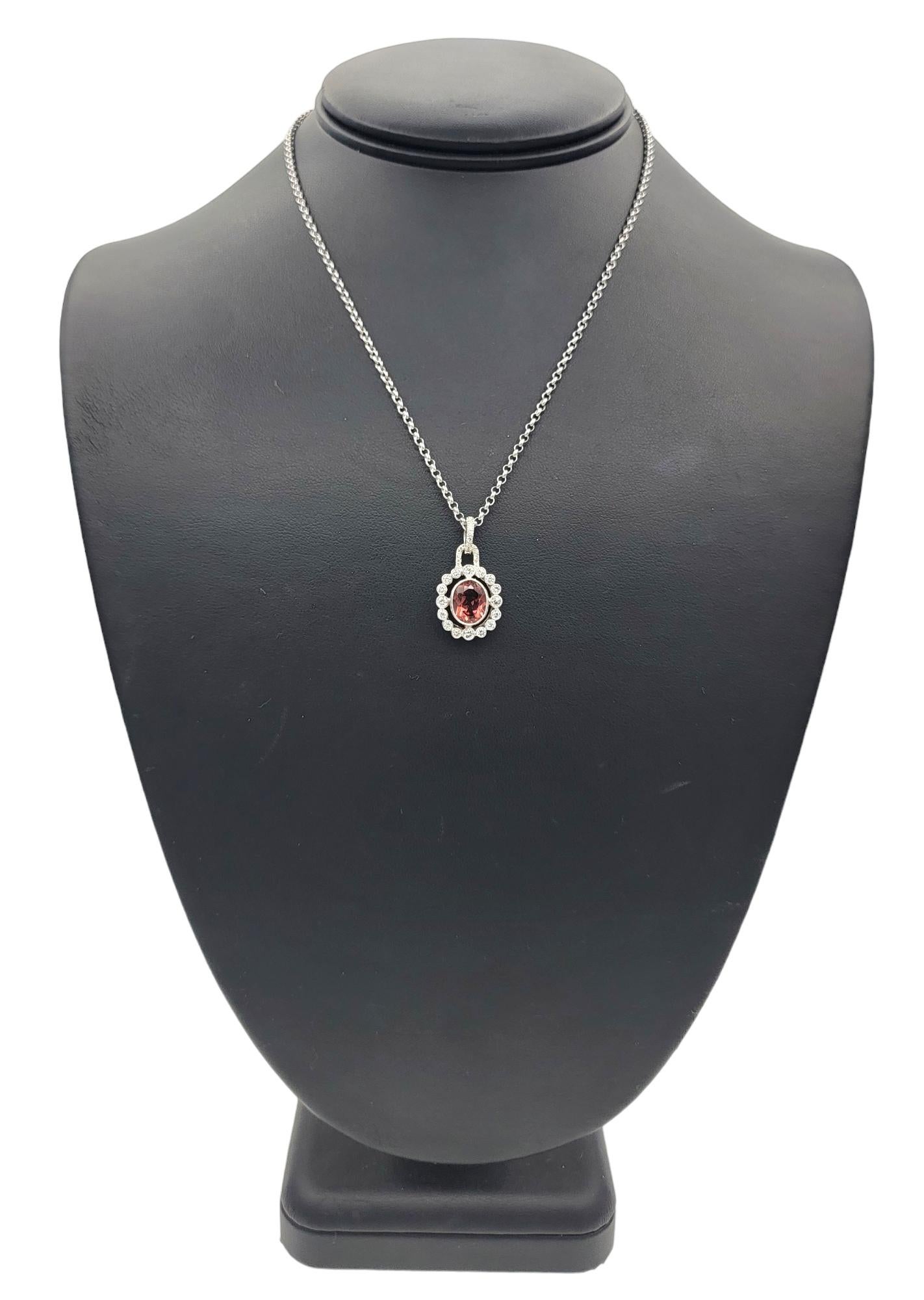 Pink Tourmaline and Diamond Halo Drop Pendant Necklace in 14 Karat White Gold For Sale 4