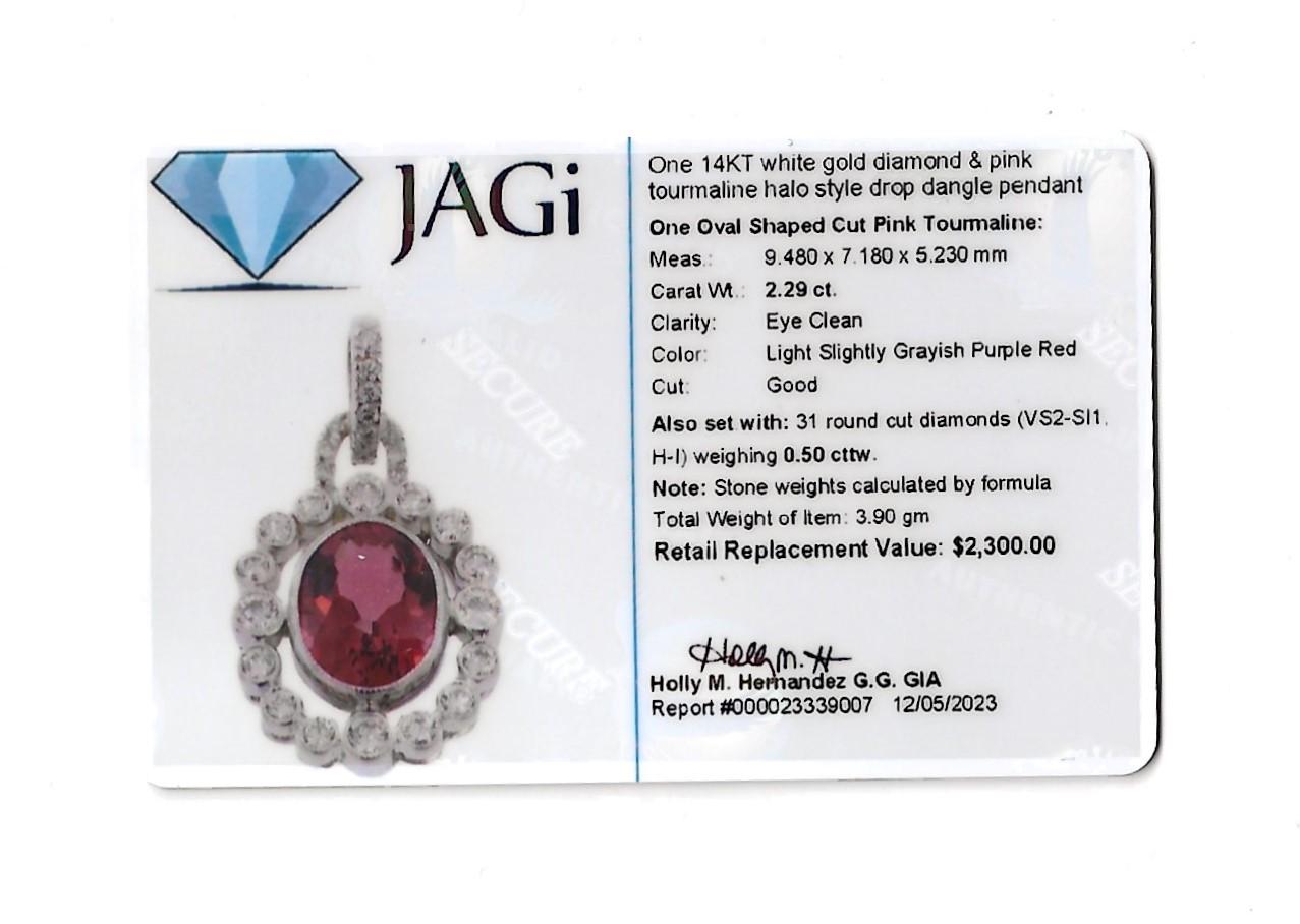 Pink Tourmaline and Diamond Halo Drop Pendant Necklace in 14 Karat White Gold For Sale 5