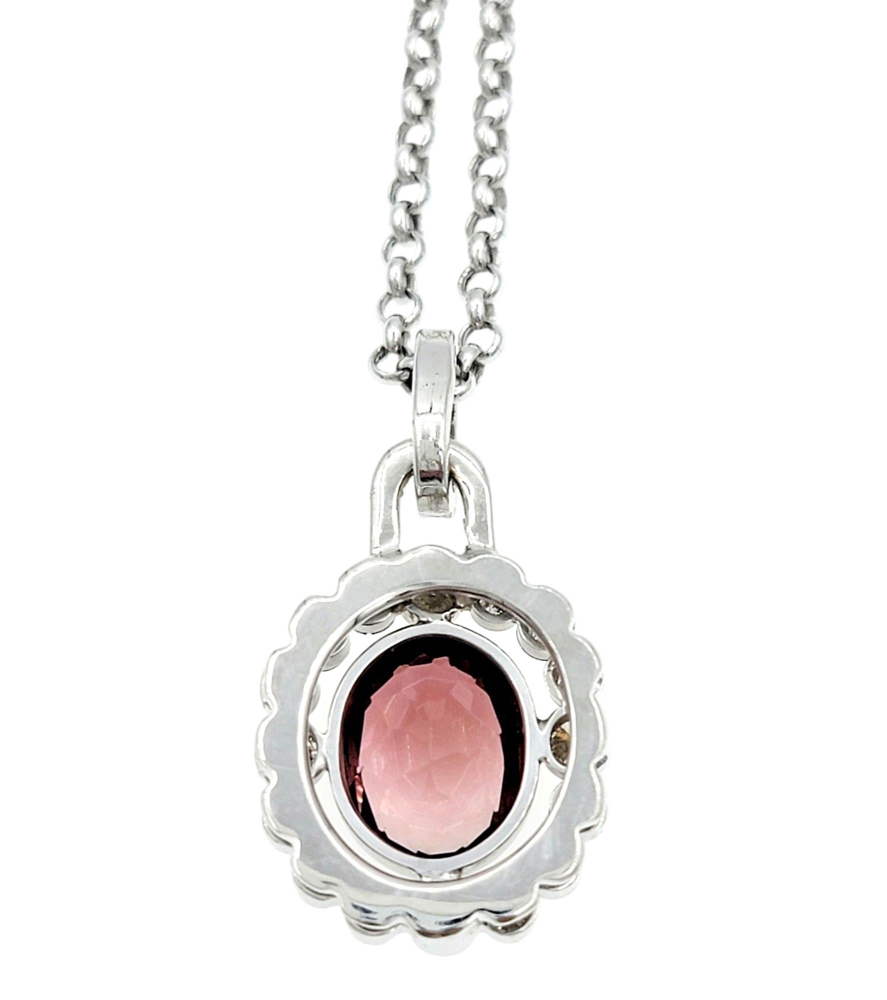 Women's Pink Tourmaline and Diamond Halo Drop Pendant Necklace in 14 Karat White Gold For Sale