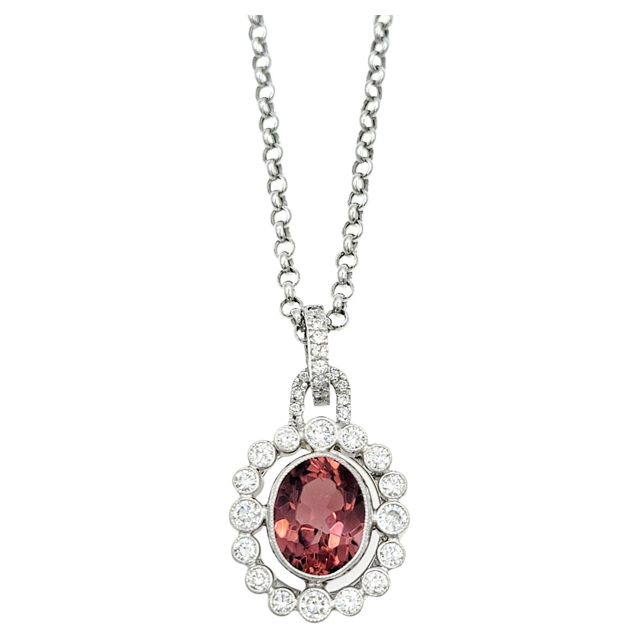 Pink Tourmaline and Diamond Halo Drop Pendant Necklace in 14 Karat White Gold