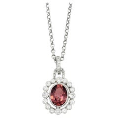 Pink Tourmaline and Diamond Halo Drop Pendant Necklace in 14 Karat White Gold