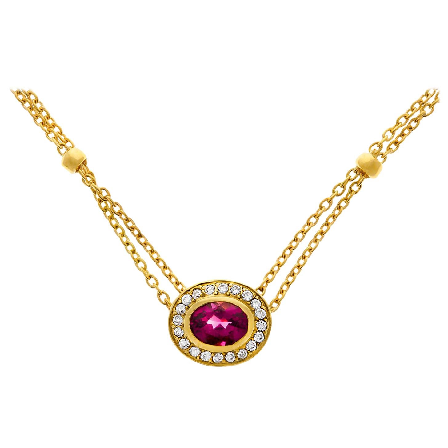 Pink Tourmaline and Diamond 18K Yellow Gold Double Chain Necklace For Sale