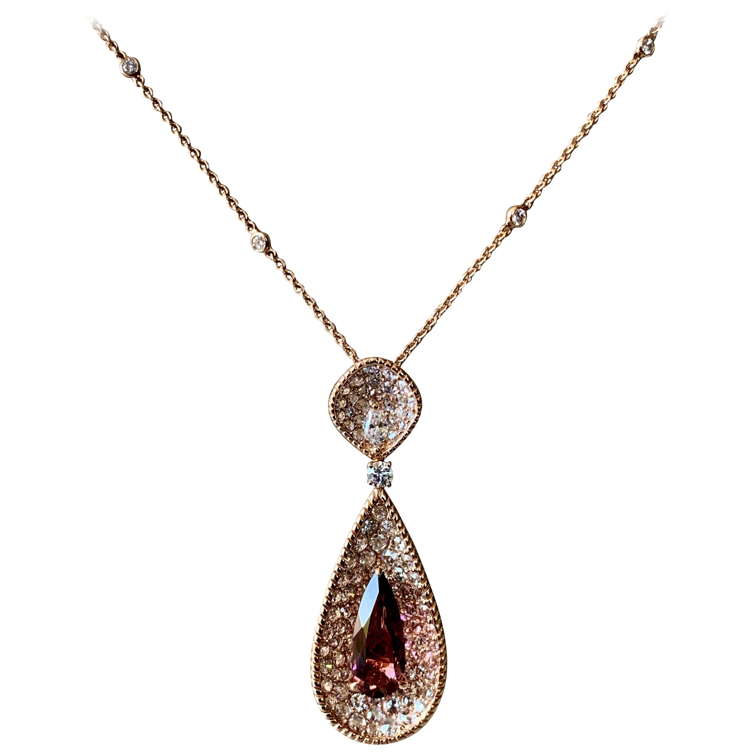 18 K Pink Tourmaline and Diamond Pendant with 18 K Pink Gold Chain For Sale