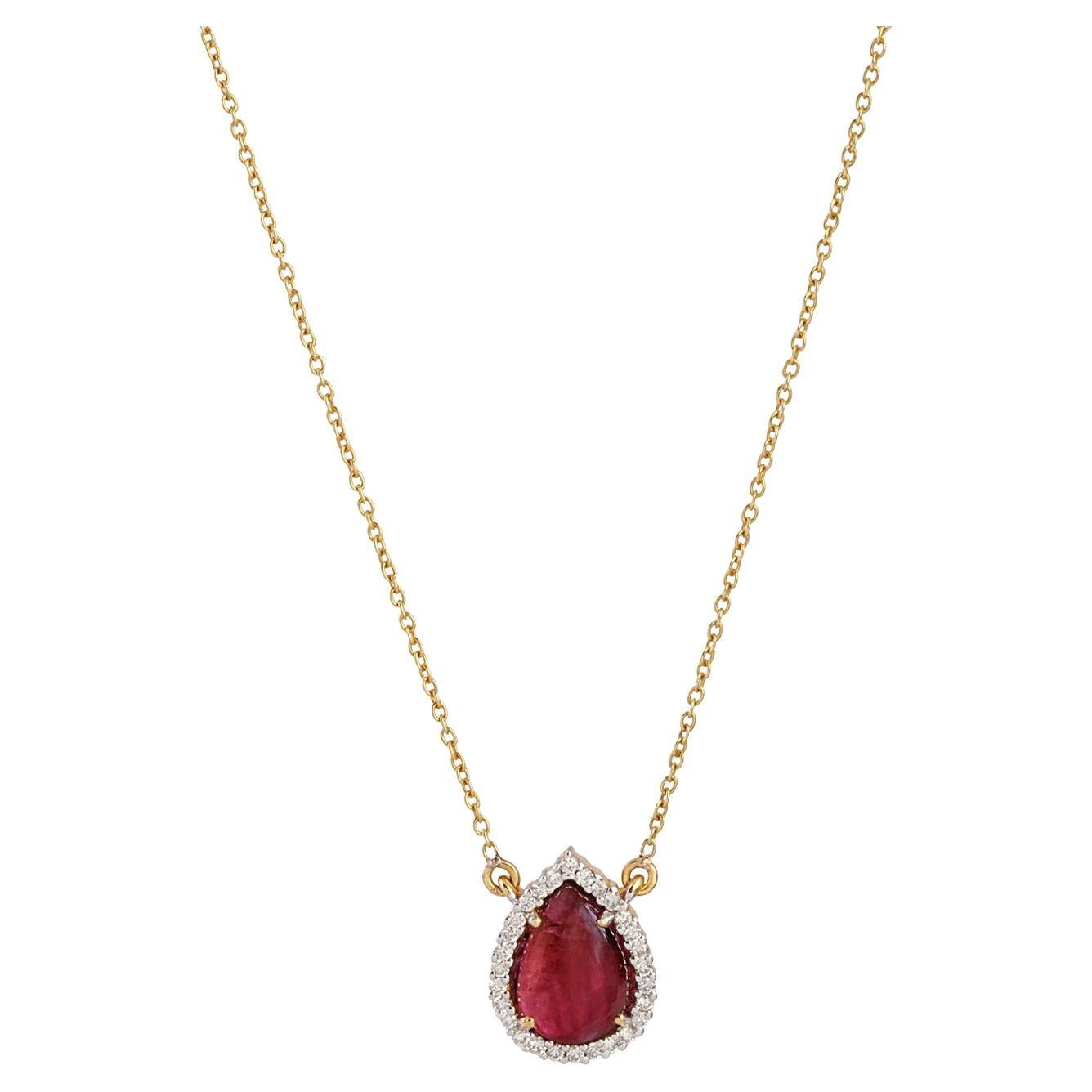 Pendentif en tourmaline rose et diamants avec chaîne en or 14 carats en vente