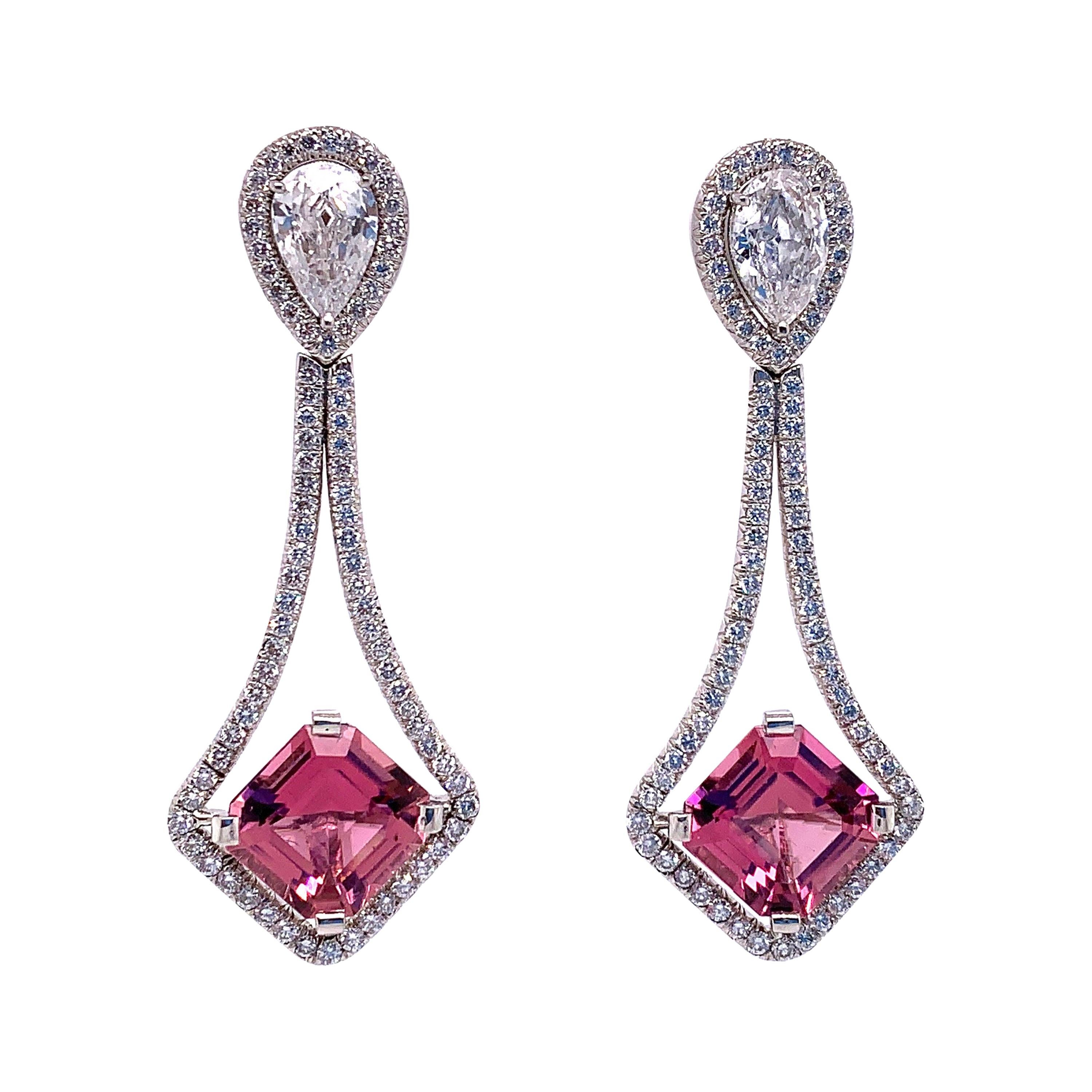Pink Tourmaline and Diamond Platinum Earrings For Sale