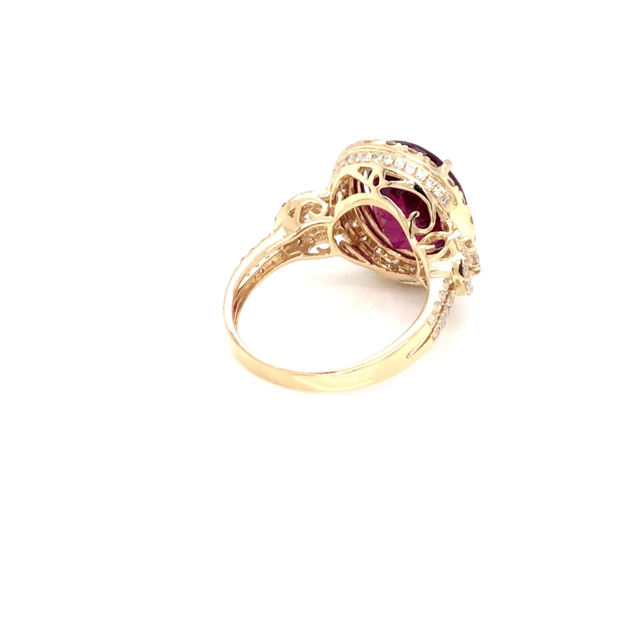 Pink Tourmaline And Diamond Ring 14k Yellow Gold Ring In New Condition For Sale In Dallas, TX