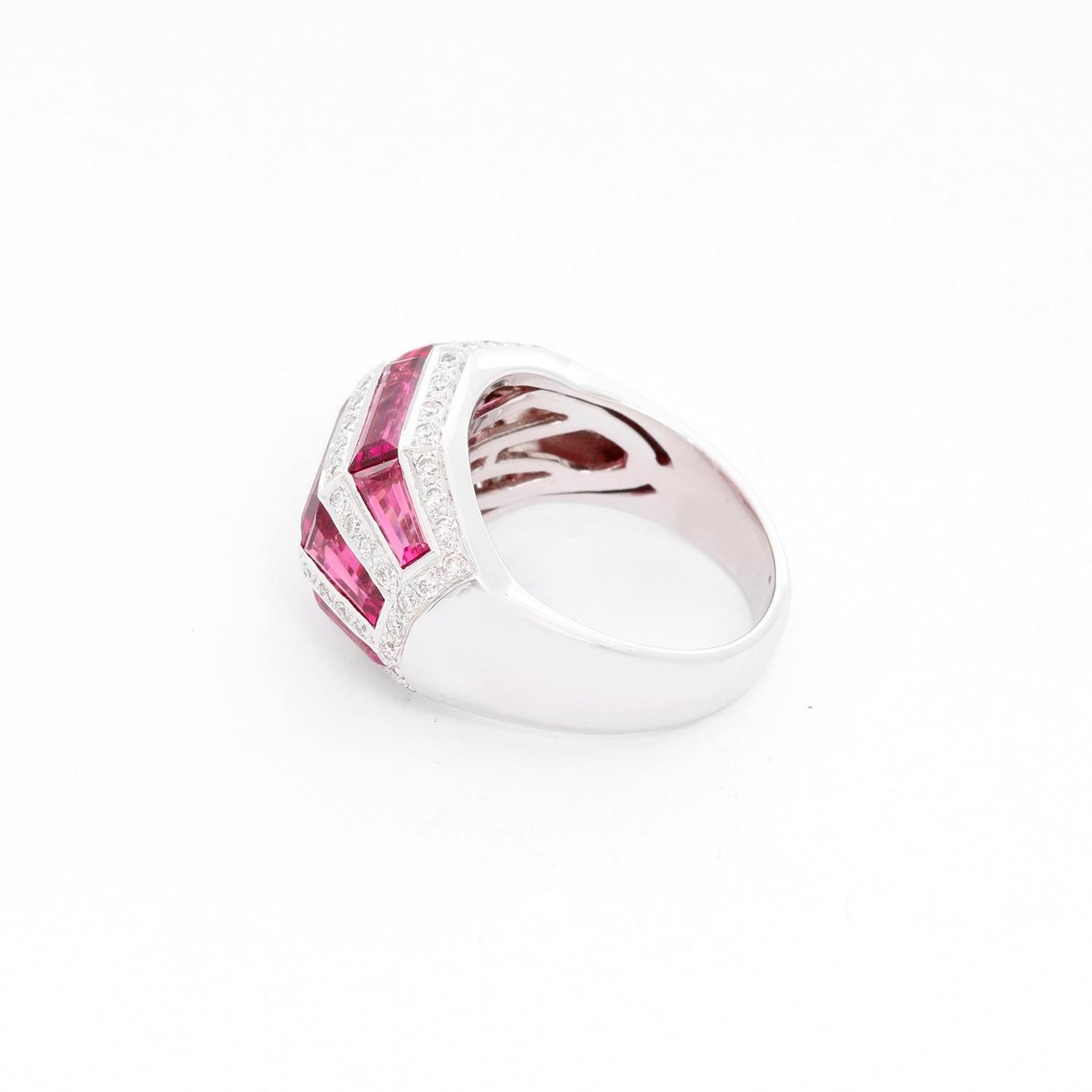 Pink Tourmaline and Diamond Ring  Size 6 1/2  - Baguette -cut pink tourmaline weighing 2.15 cts. accented by diamonds weight approx .40 cts. set in 18K white gold. Diamond color G-H-I. Diamond clarity SI. Hallmarks; AGC 750. Total weight 11.20