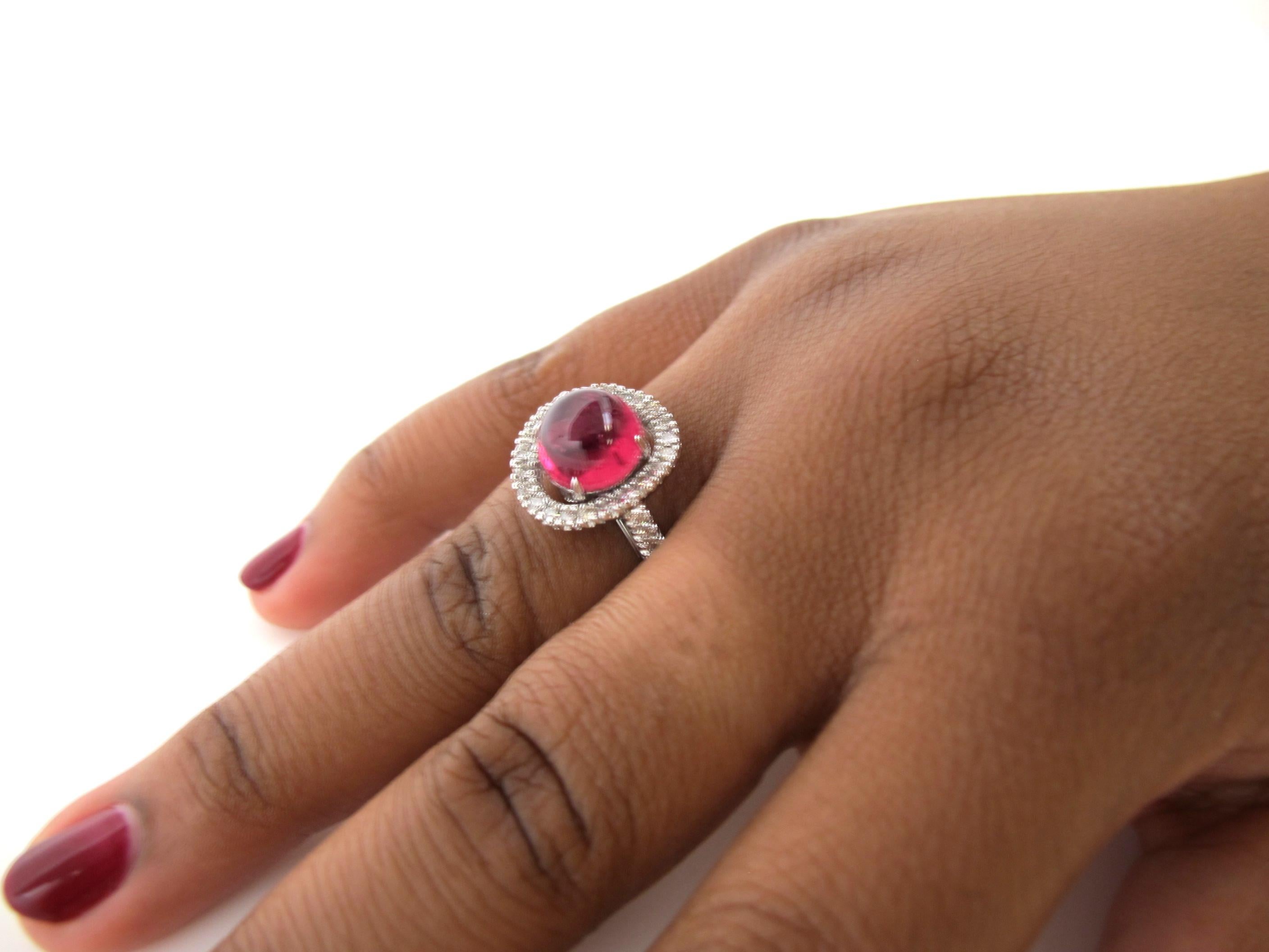 3.55 Carat Pink Tourmaline Cabochon, Diamond Halo & 18k White Gold Cocktail Ring 3