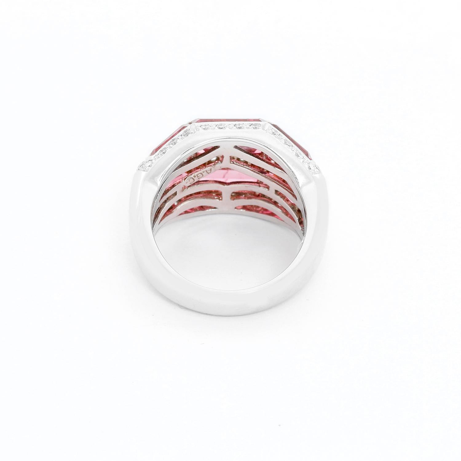 Baguette Cut Pink Tourmaline and Diamond Ring