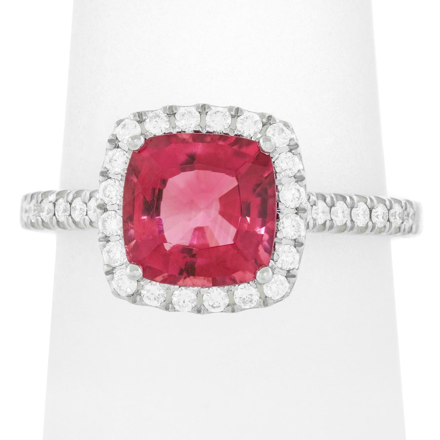 Cushion Cut Pink Tourmaline and Diamond Ring For Sale