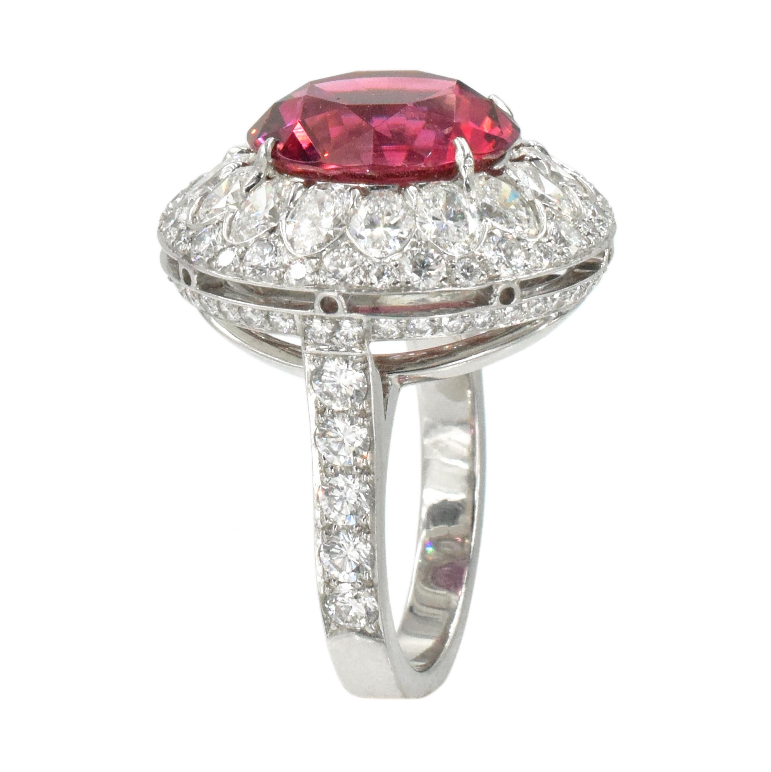 Pink Tourmaline and Diamond Ring in Platinum In Excellent Condition For Sale In New York, NY