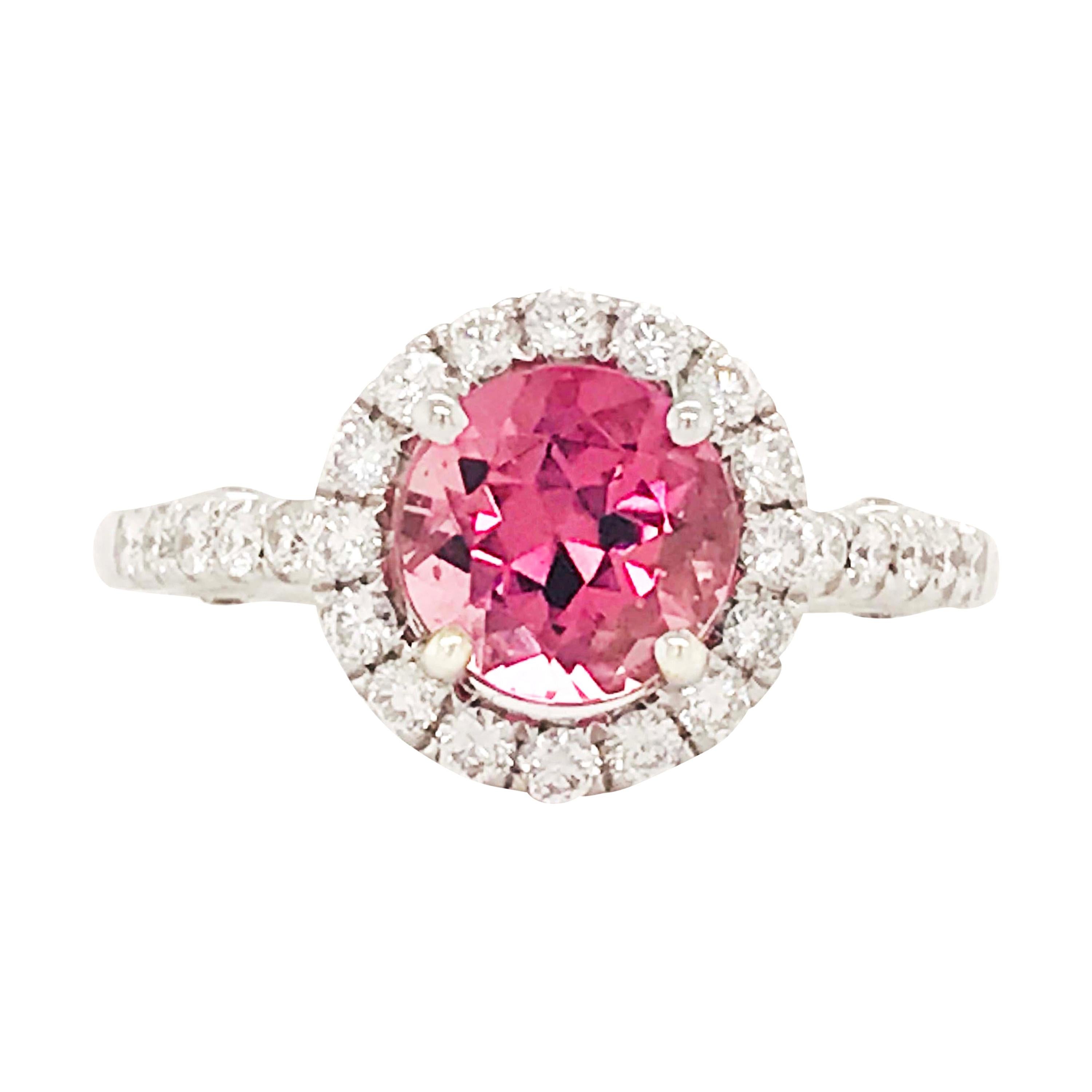Verlobungsring mit rosa rosa Turmalin und Diamant, Weißgold 2 Karat Diamant und Edelstein