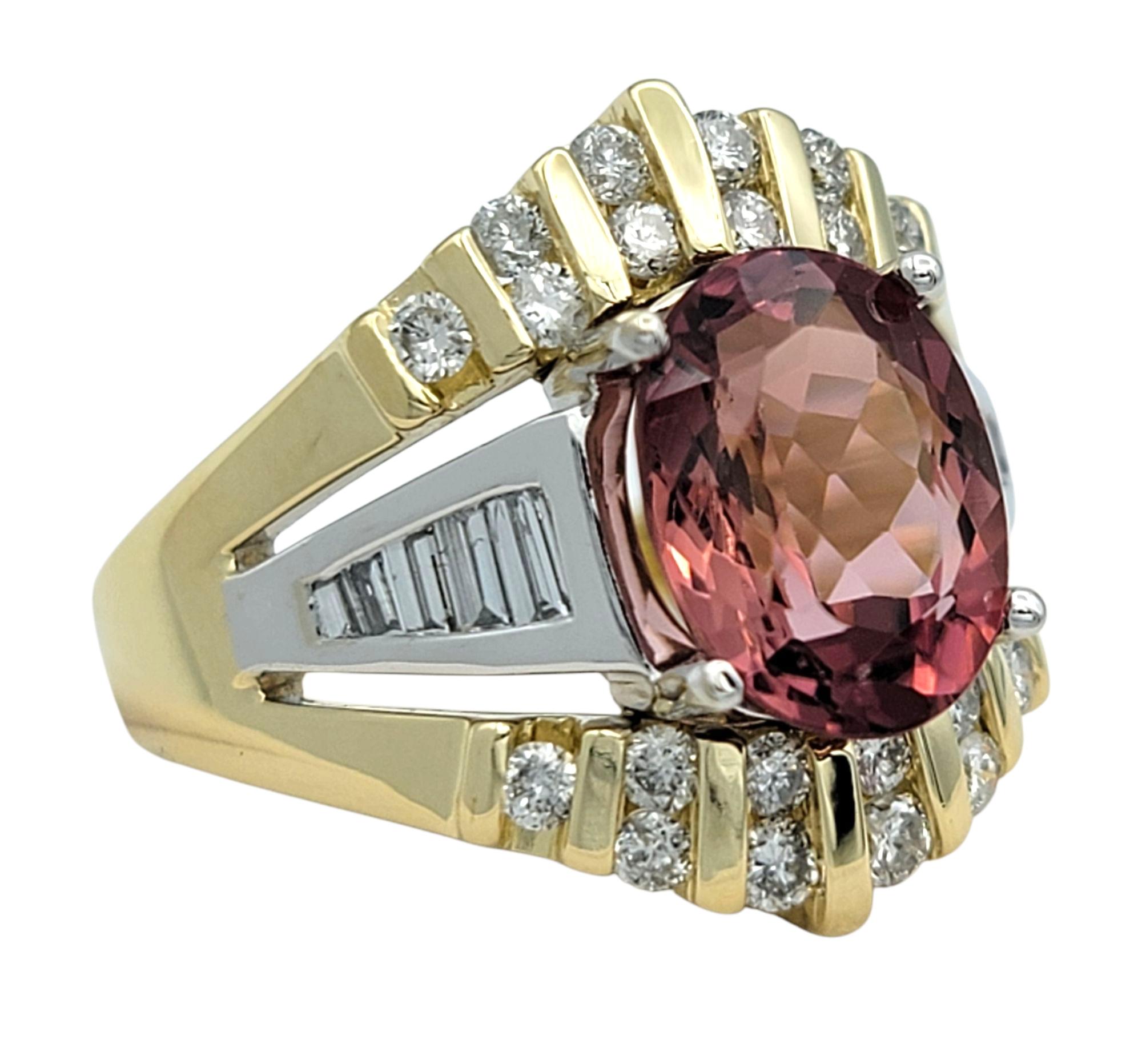 Ring Size: 6 

Striking and sculptural, this pink tourmaline ring makes an unforgettable statement. The center features a vivid oval-shaped pink tourmaline with a captivating hue, beautifully eye-clean and cut to reveal its depth of color. A bold