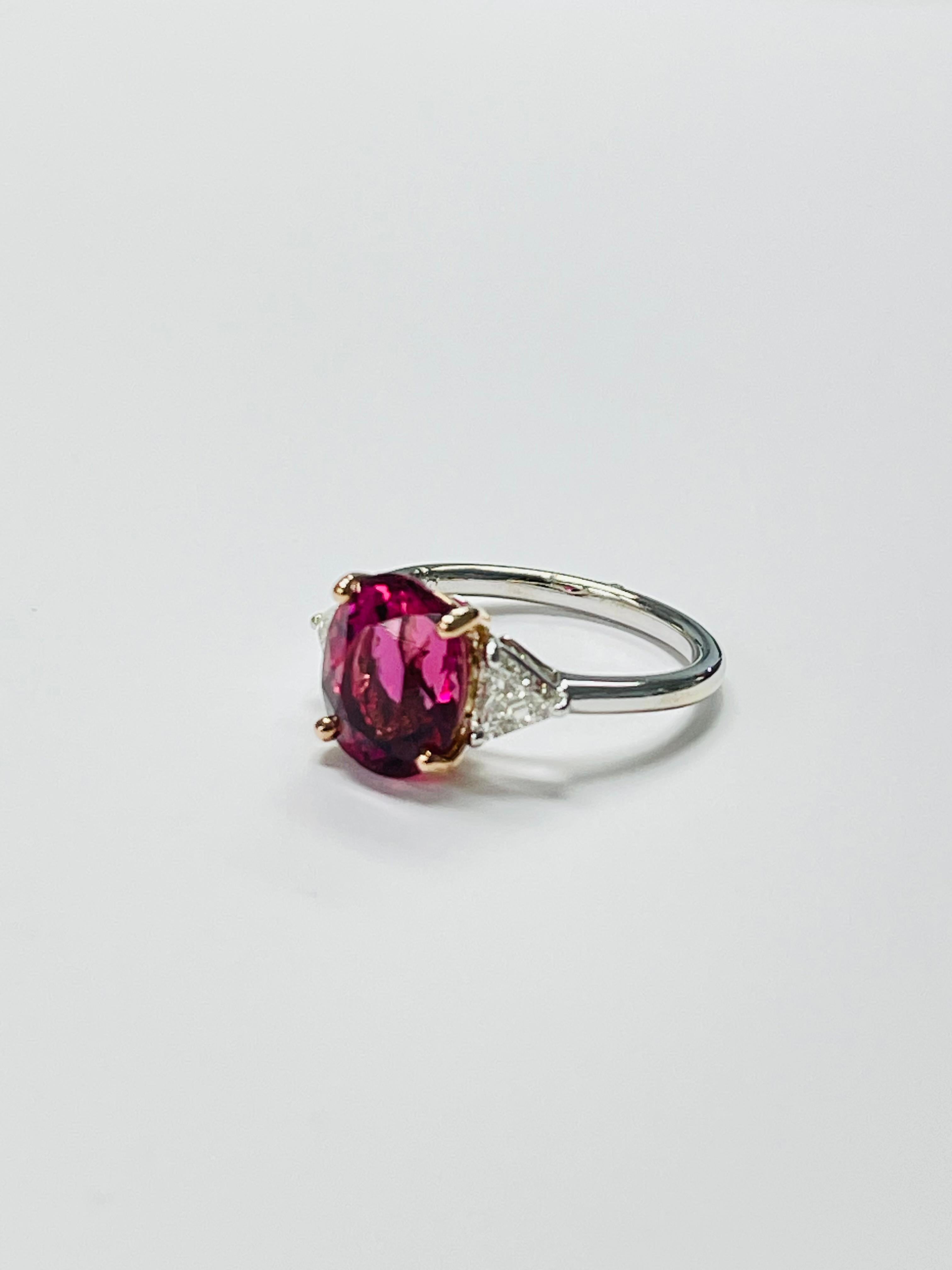 Contemporary Pink Tourmaline And Diamond Three Stone Engagement Ring In White Gold. For Sale