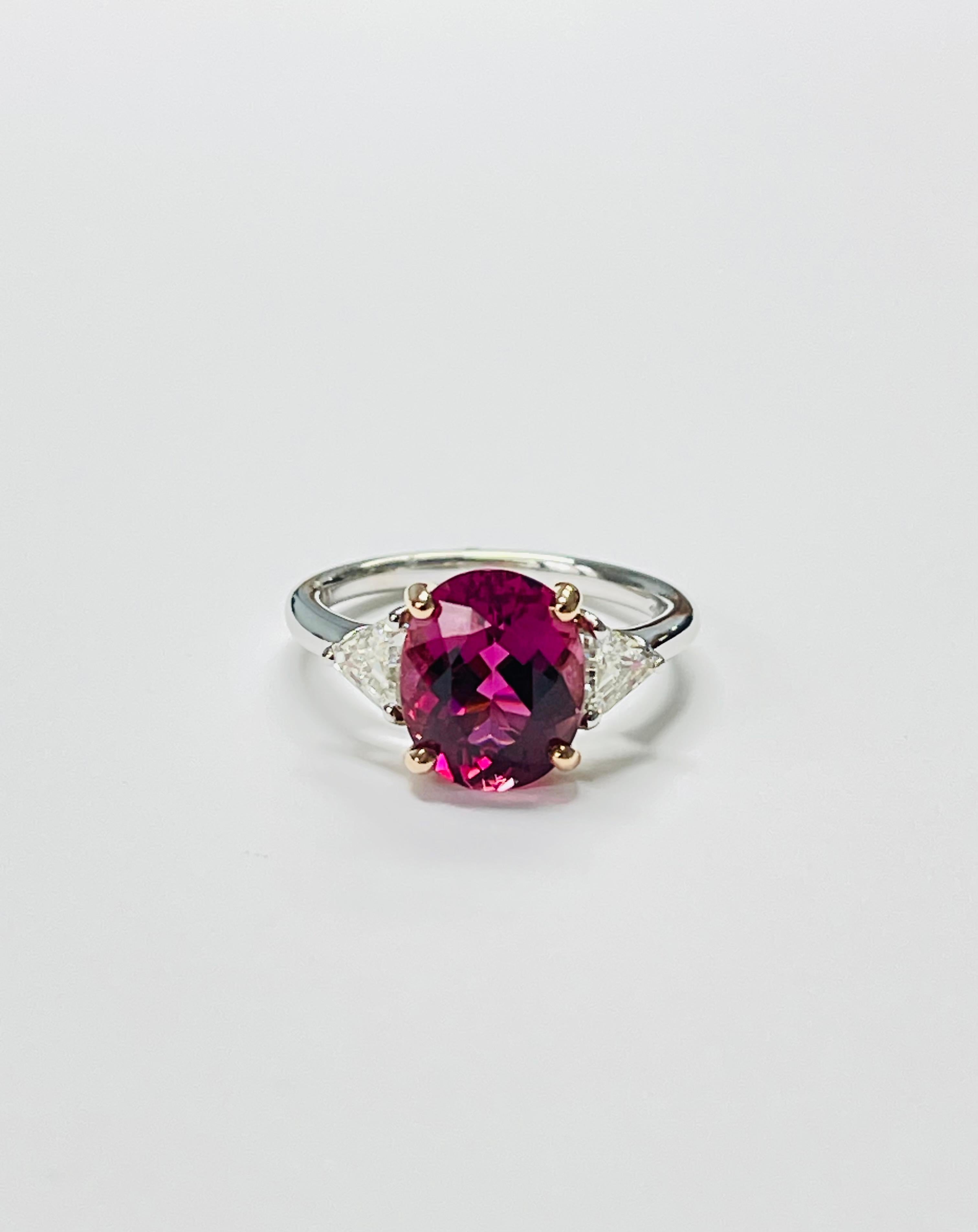 Oval Cut Pink Tourmaline And Diamond Three Stone Engagement Ring In White Gold. For Sale