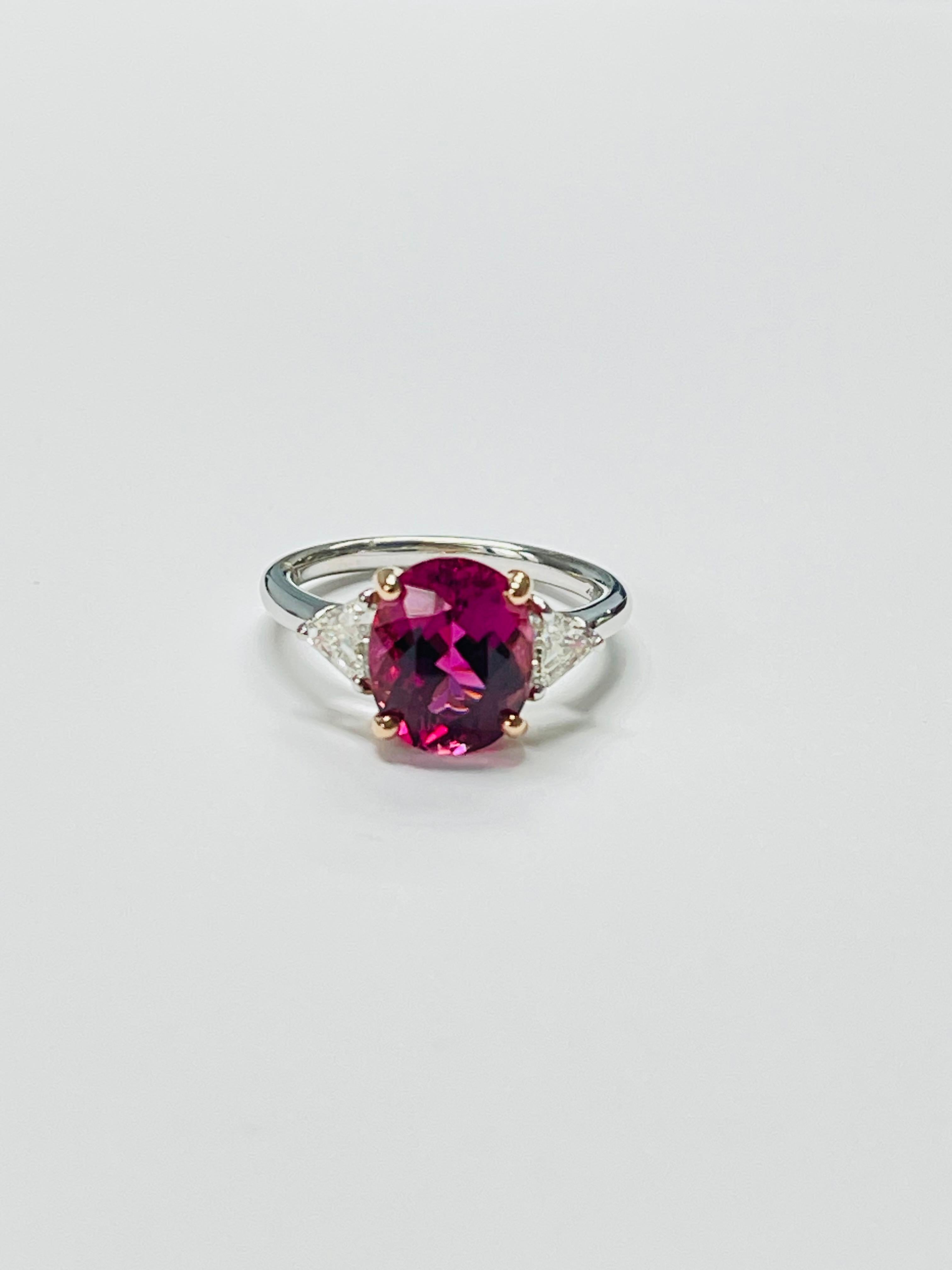 Women's Pink Tourmaline And Diamond Three Stone Engagement Ring In White Gold. For Sale