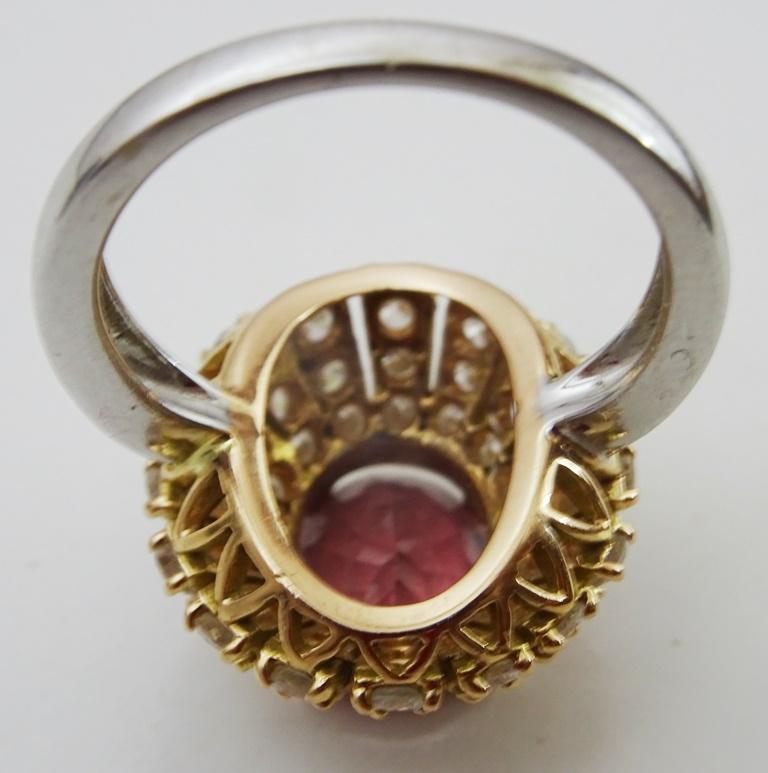 Modernist Pink Tourmaline and Diamond Vintage 14 k Gold Ring For Sale