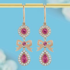 Pink Tourmaline and Diamond Vintage Style Bow Earrings in Solid 9K Rose Gold