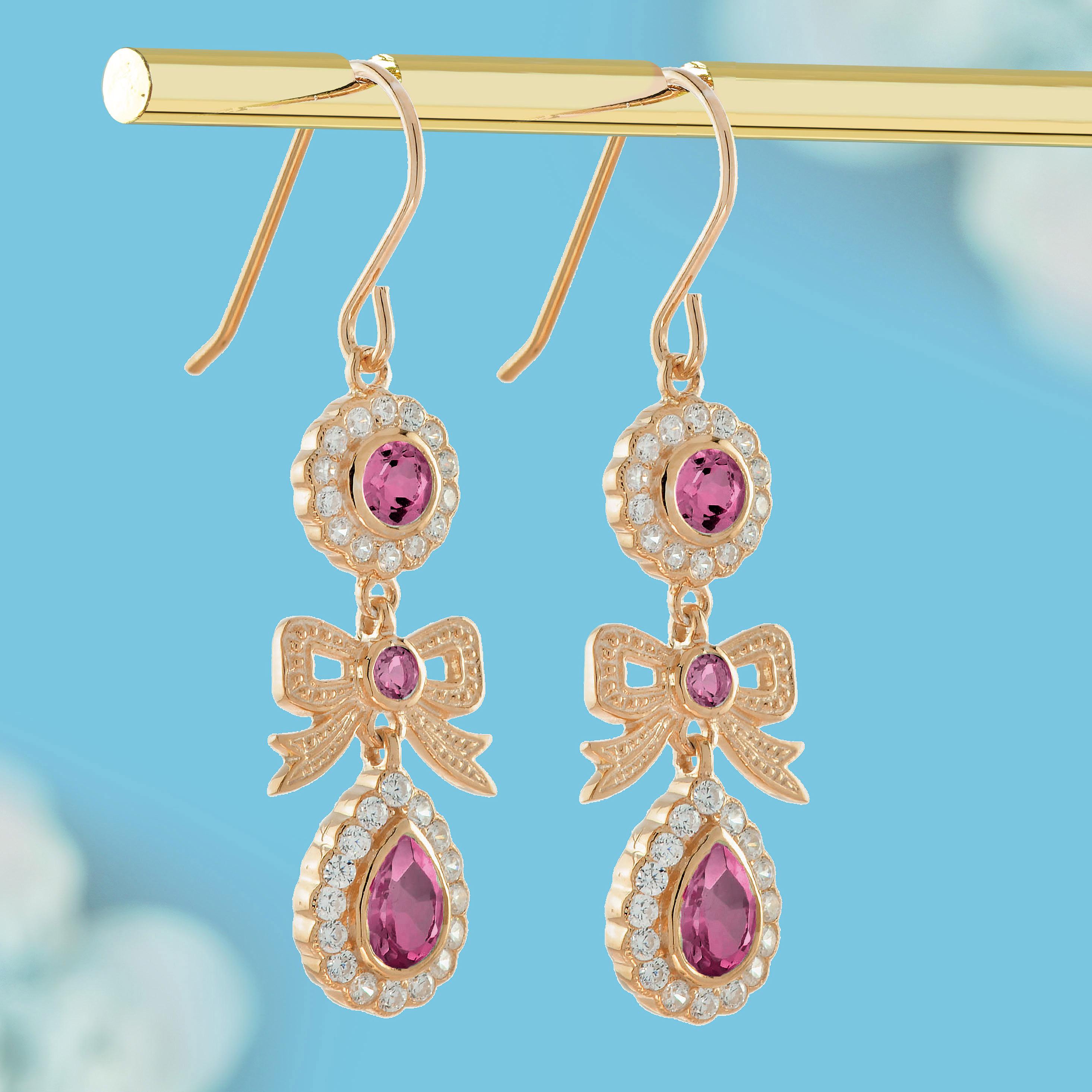 Edwardian Pink Tourmaline and Diamond Vintage Style Bow Earrings in Solid 9K Rose Gold For Sale