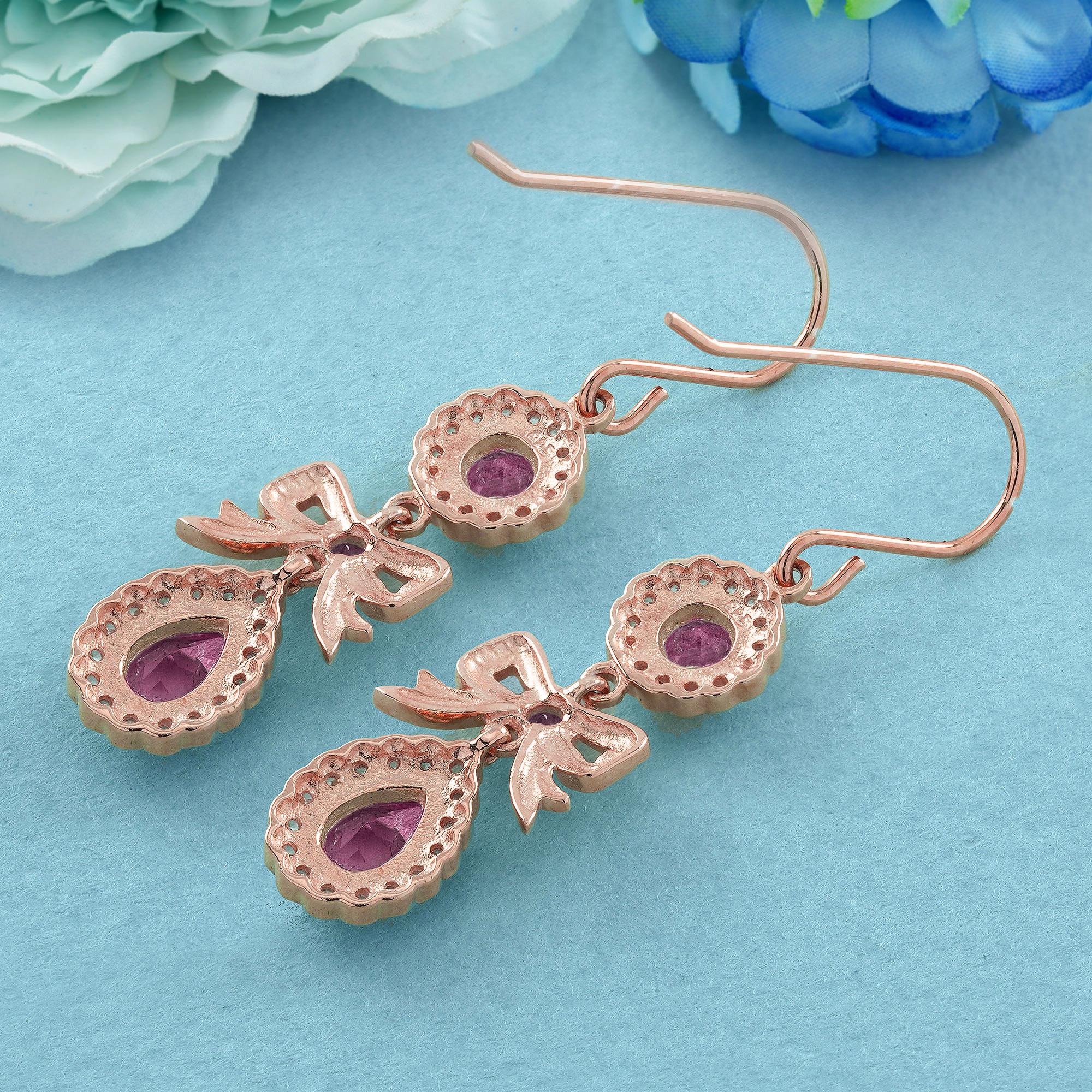 Pear Cut Pink Tourmaline and Diamond Vintage Style Bow Earrings in Solid 9K Rose Gold For Sale
