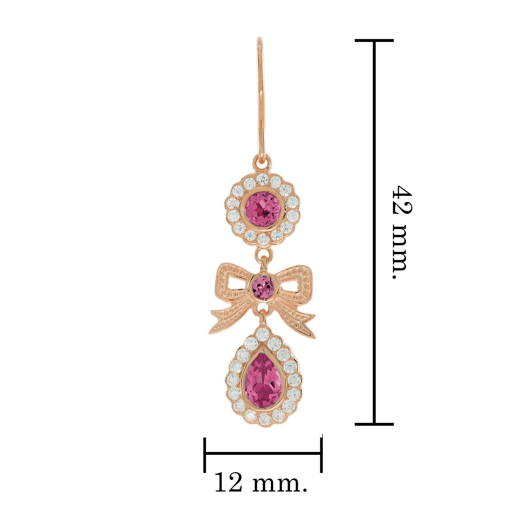 Pink Tourmaline and Diamond Vintage Style Bow Earrings in Solid 9K Rose Gold In New Condition For Sale In Bangkok, TH
