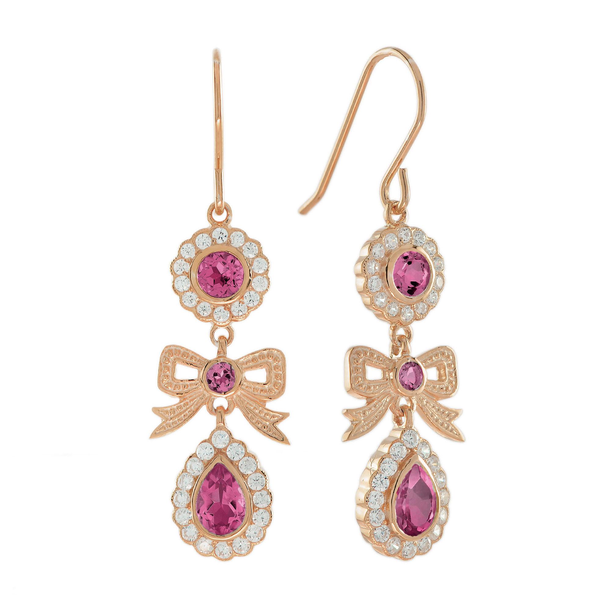 Pink Tourmaline and Diamond Vintage Style Bow Earrings in Solid 9K Rose Gold For Sale