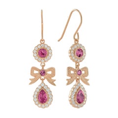 Orecchini a fiocco in stile vintage con tormalina rosa e diamanti in oro rosa massiccio 9 carati