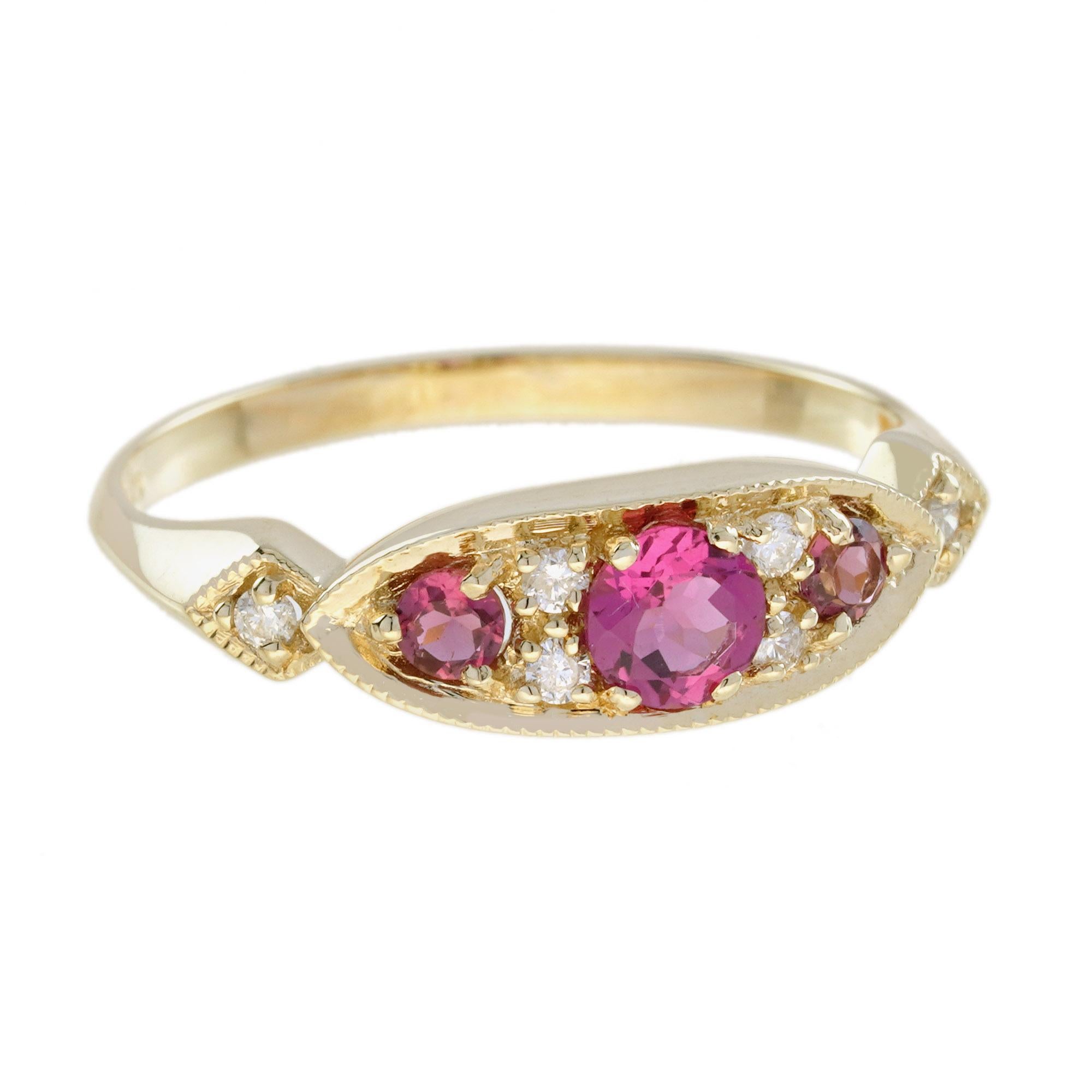 Art Deco Pink Tourmaline and Diamond Vintage Style Three Stone Ring in 9K Yellow Gold For Sale