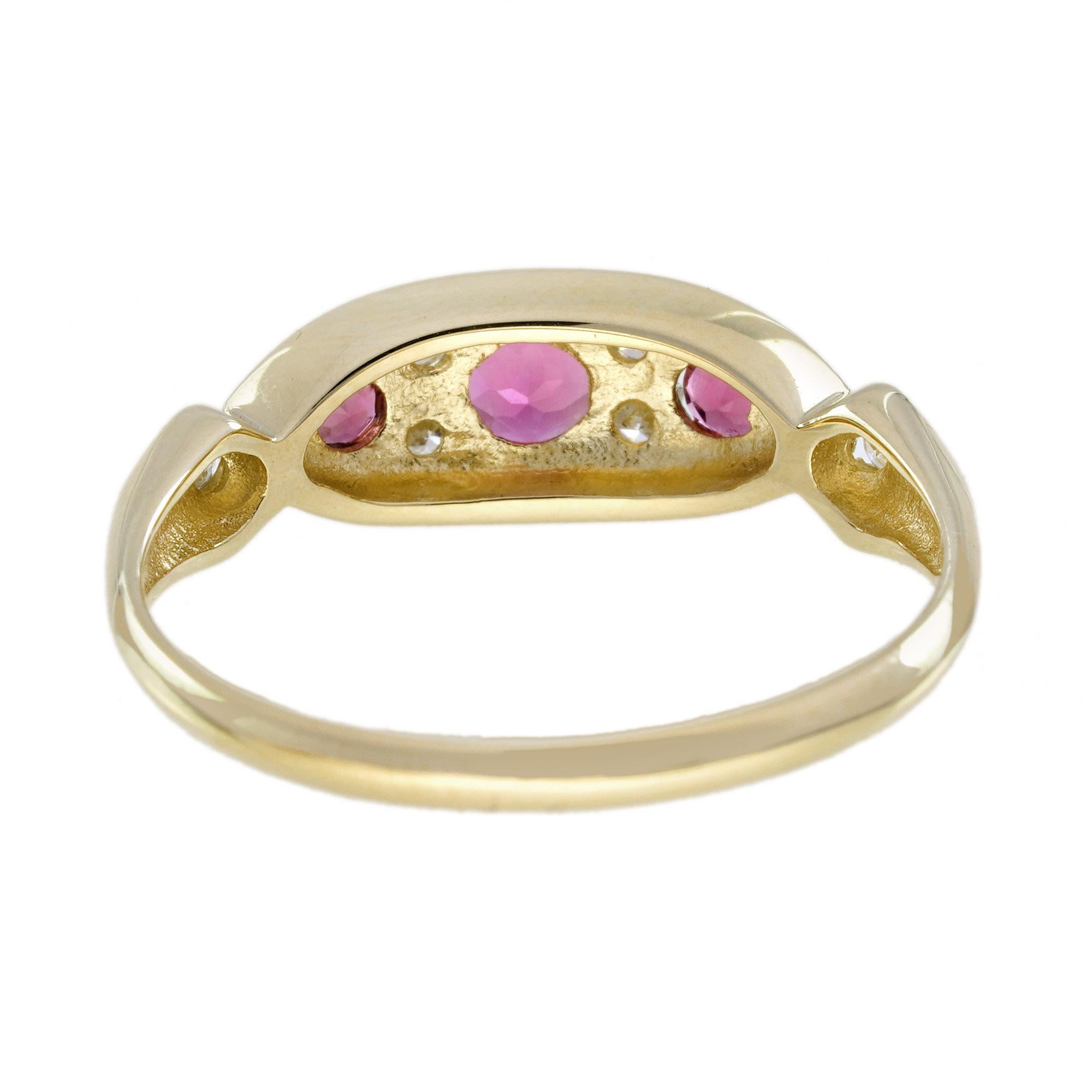 Pink Tourmaline and Diamond Vintage Style Three Stone Ring in 9K Yellow Gold In New Condition For Sale In Bangkok, TH