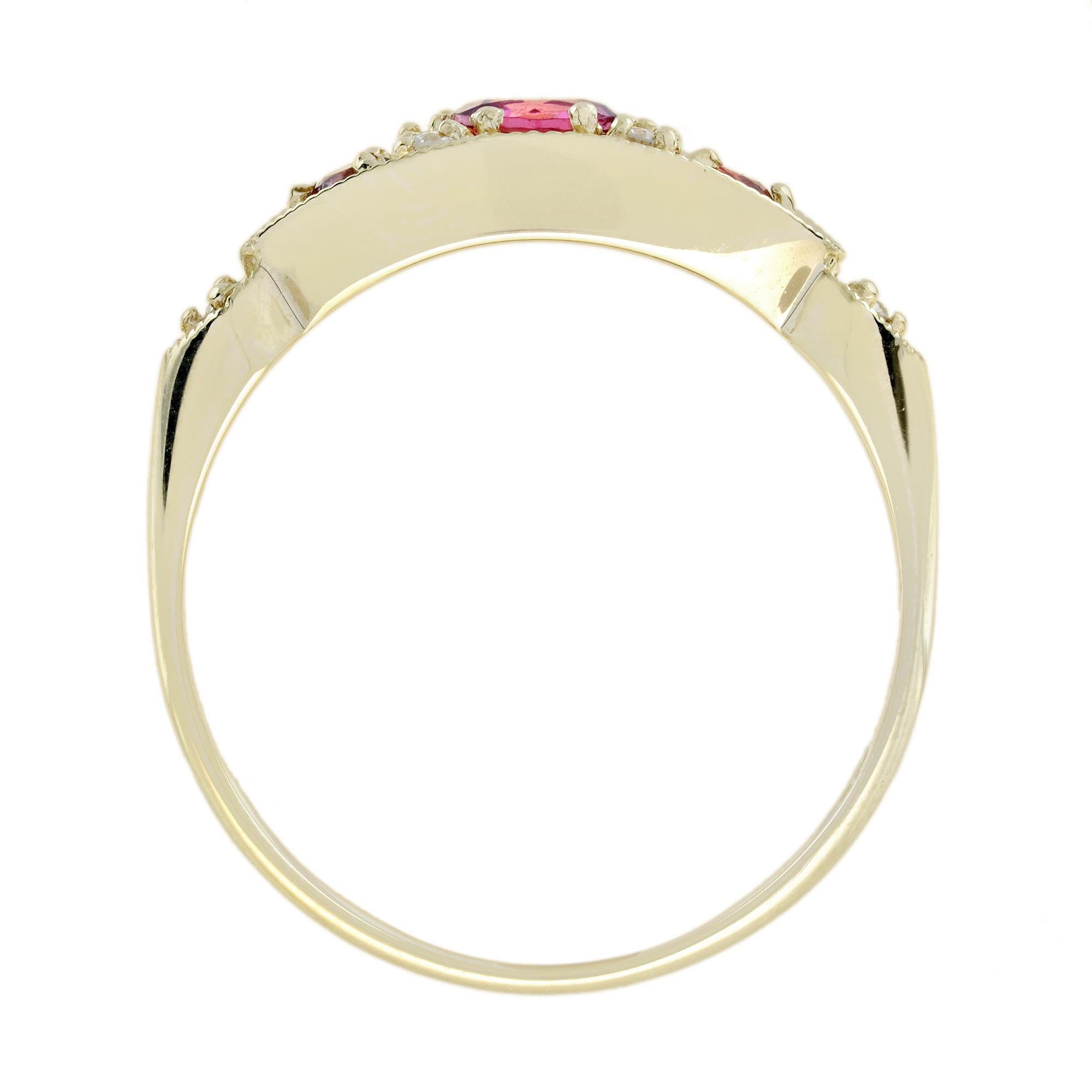 Women's Pink Tourmaline and Diamond Vintage Style Three Stone Ring in 9K Yellow Gold For Sale