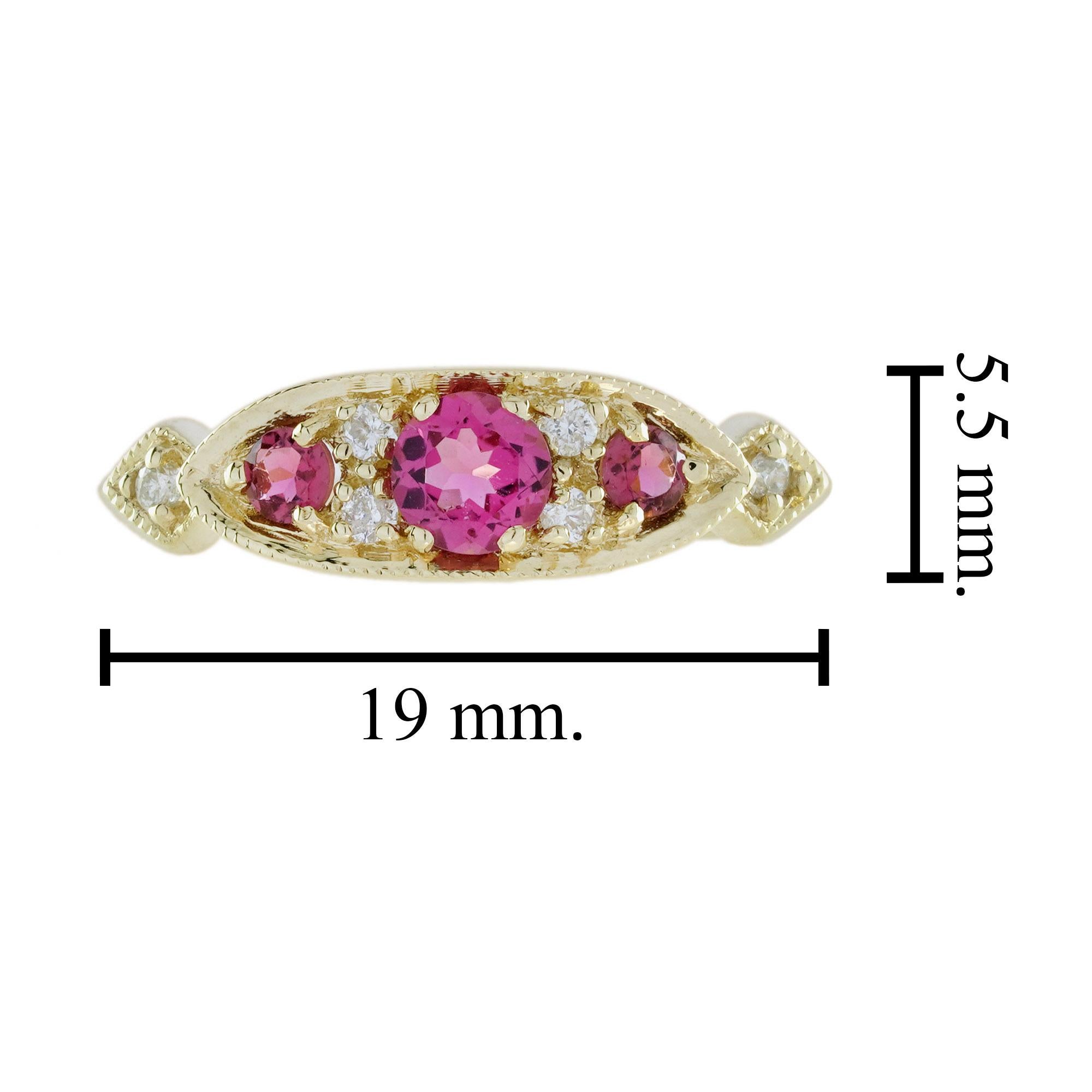 Pink Tourmaline and Diamond Vintage Style Three Stone Ring in 9K Yellow Gold For Sale 1