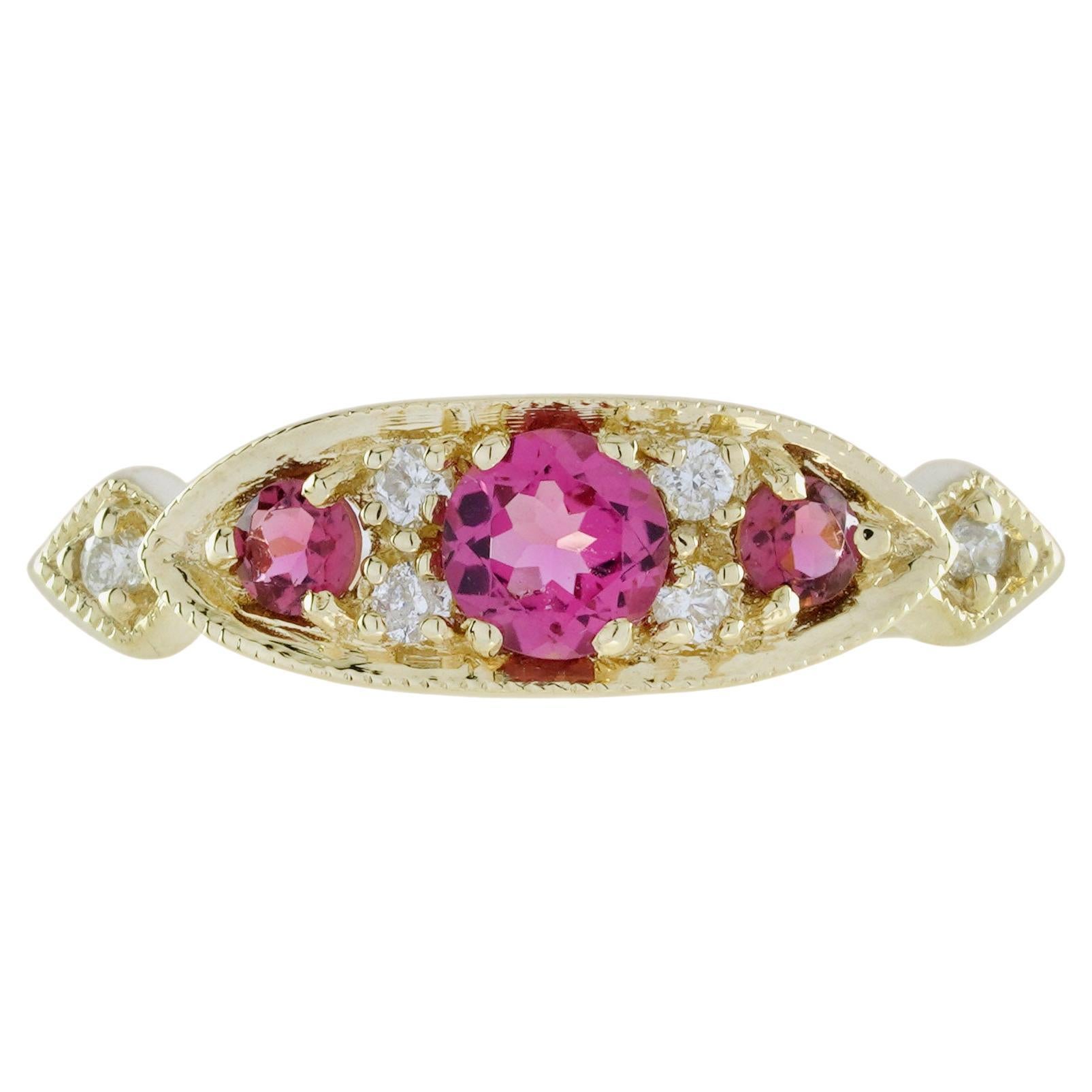Pink Tourmaline and Diamond Vintage Style Three Stone Ring in 9K Yellow Gold