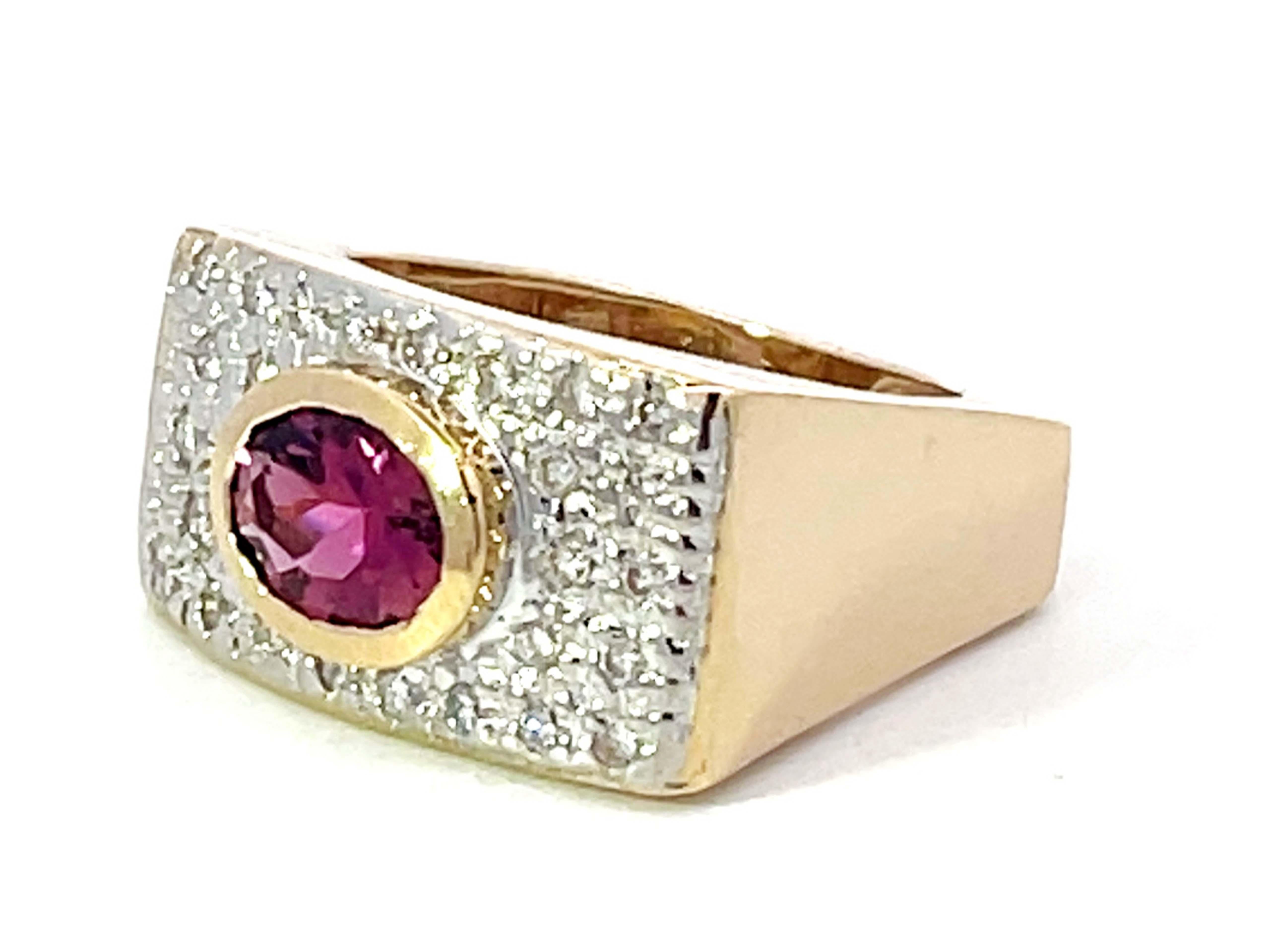 Oval Cut Pink Tourmaline and Diamond Wide Ring in 14k Yellow Gold For Sale