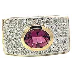 Bague large en or jaune 14k avec tourmaline rose et diamant