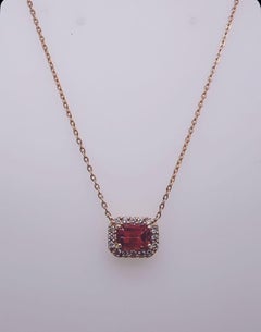 18KY Emerald cut Pink tourmaline halo diamond pendant