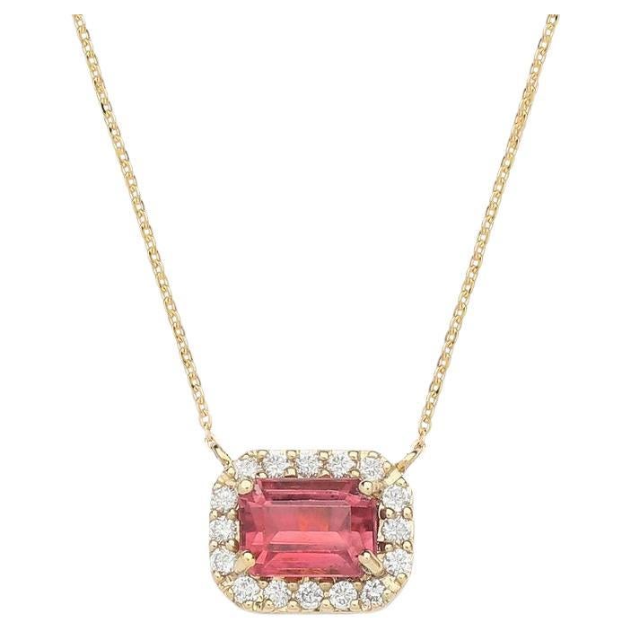 18KY Emerald cut Pink tourmaline halo diamond pendant