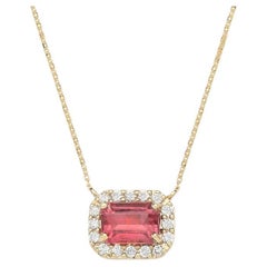 18KY Emerald cut Pink tourmaline halo diamond pendant