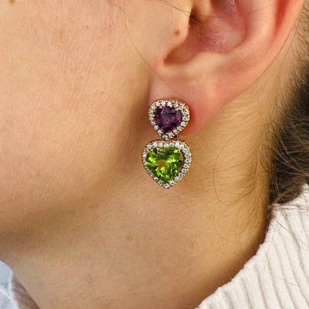 Brilliant Cut Pink Tourmaline and Green Peridot white diamond halo heart shaped drop earrings For Sale