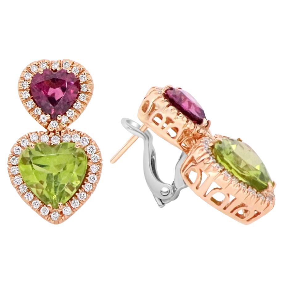 Pink Tourmaline and Green Peridot white diamond halo heart shaped drop earrings For Sale