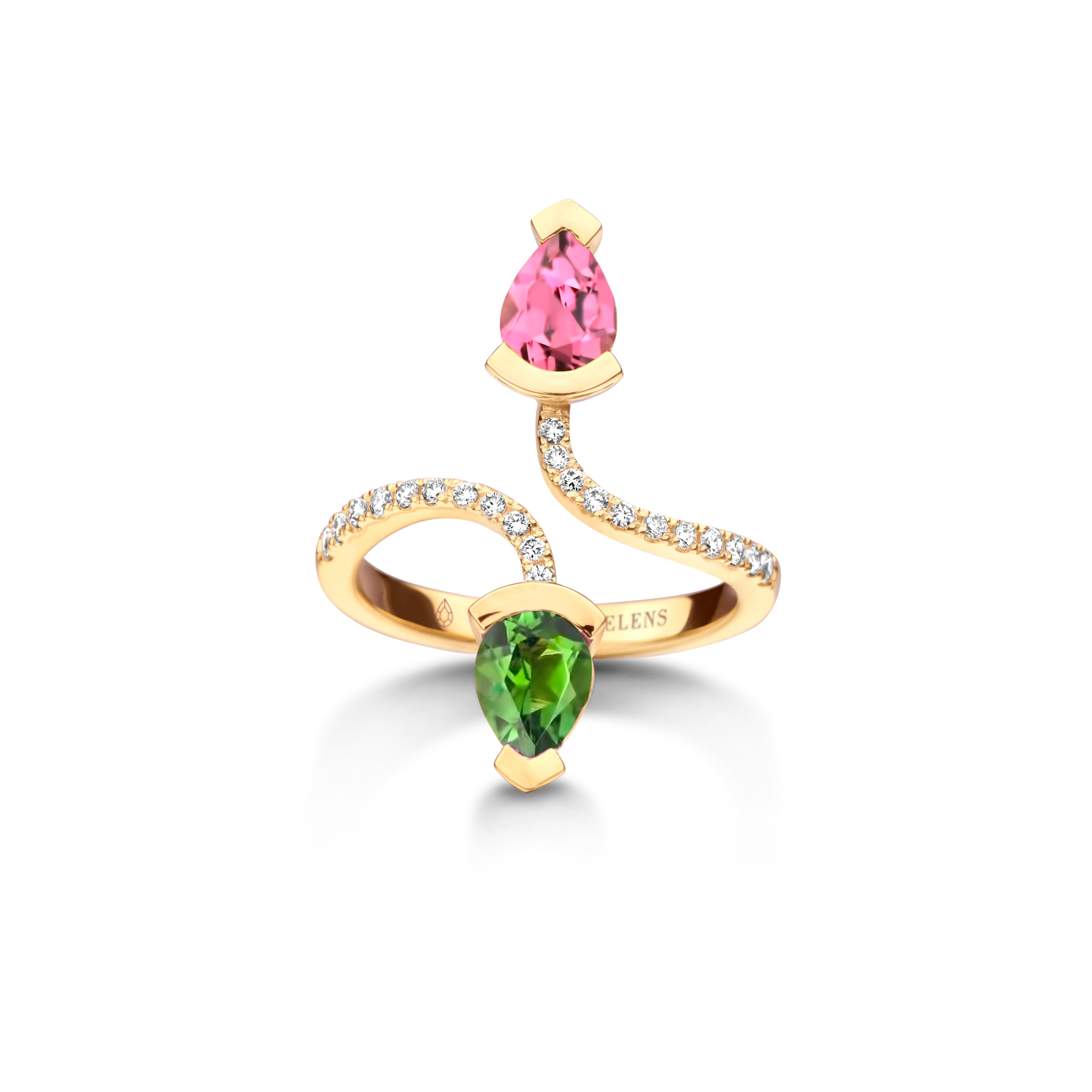 Adeline Duo ring in 18Kt white gold 5g set with a pear-shaped pink tourmaline 0,70 Ct, a pear-shaped green tourmaline 0,70 Ct and 0,19 Ct of white brilliant cut diamonds - VS F quality. Celine Roelens, a goldsmith and gemologist, is specialized in