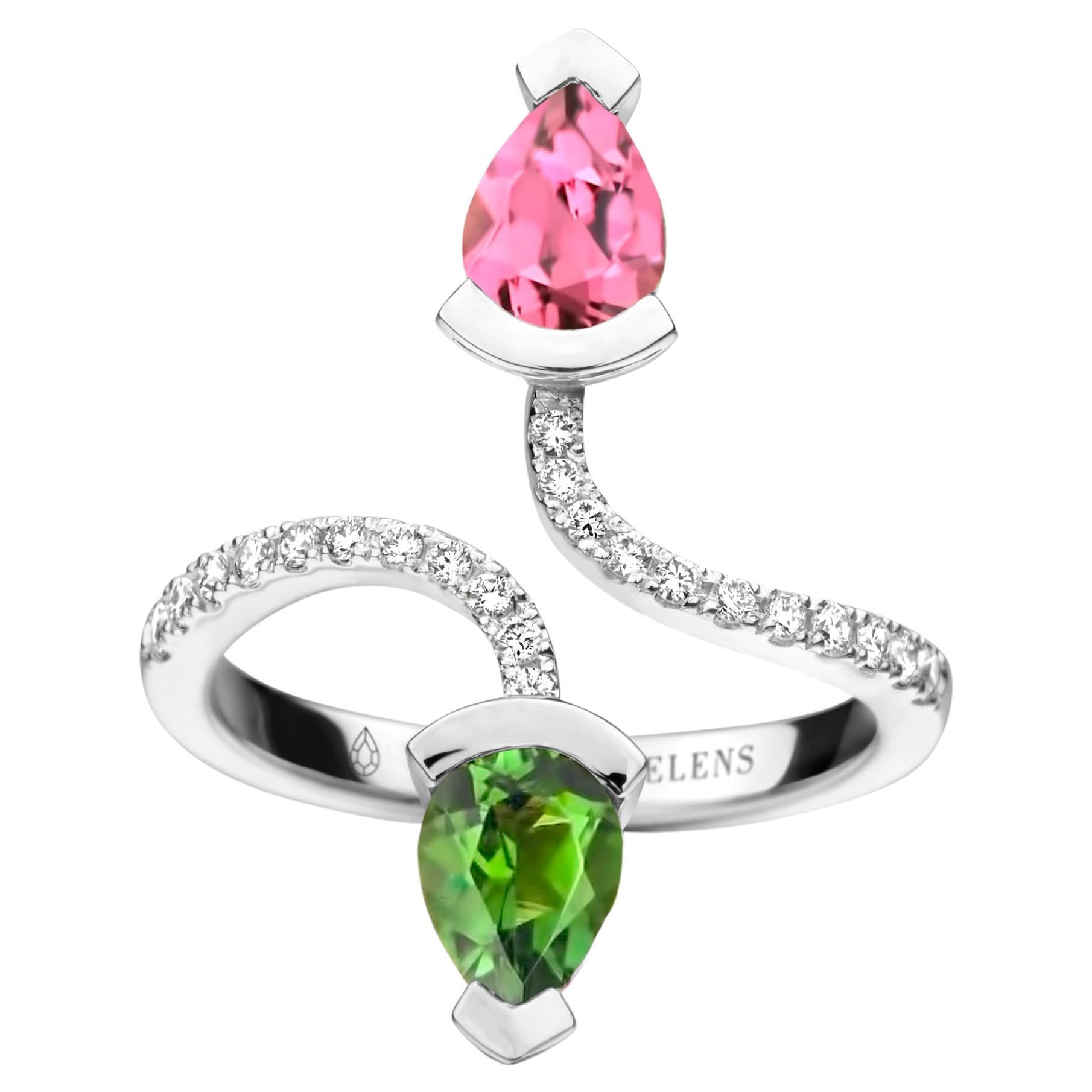 Pink Tourmaline And Green Tourmaline White Gold Diamond Cocktail Ring For Sale