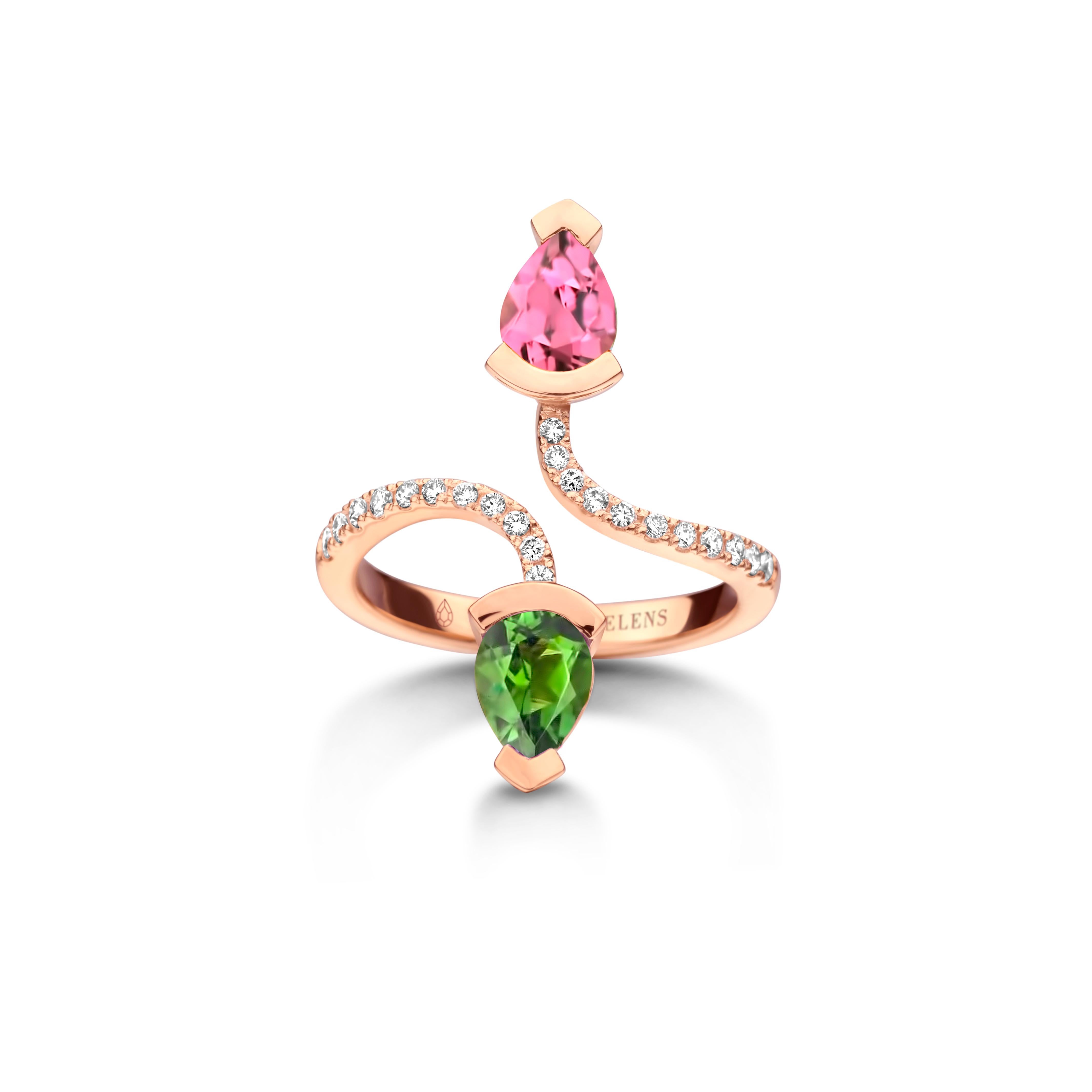Adeline Duo ring in 18Kt yellow gold 5g set with a pear-shaped pink tourmaline 0,70 Ct, a pear-shaped green tourmaline 0,70 Ct and 0,19 Ct of white brilliant cut diamonds - VS F quality. Celine Roelens, a goldsmith and gemologist, is specialized in